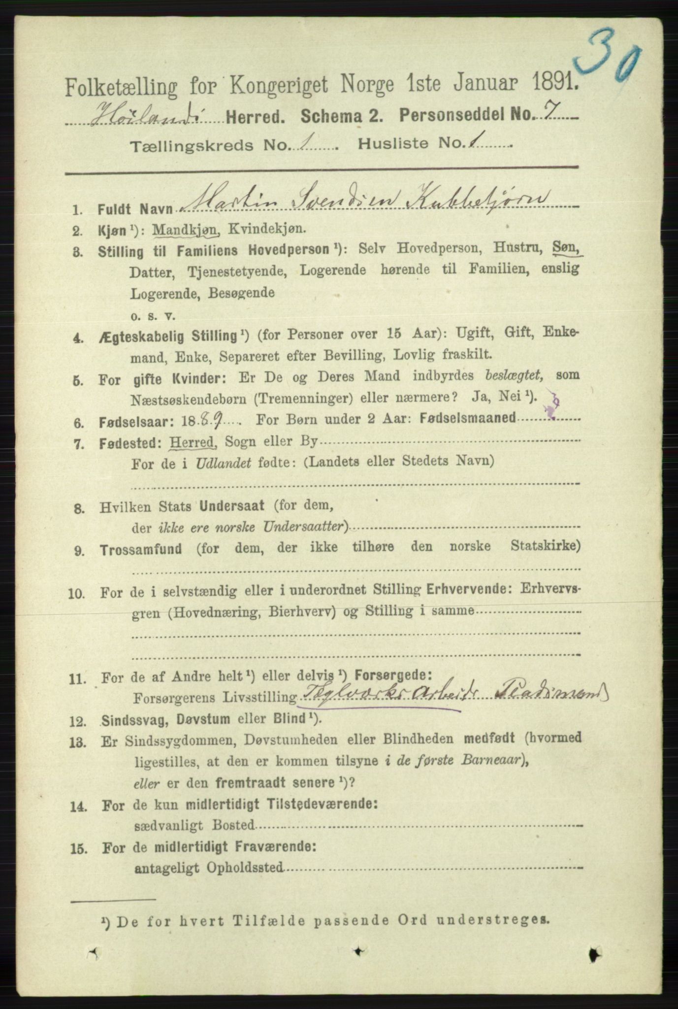 RA, 1891 census for 1123 Høyland, 1891, p. 70