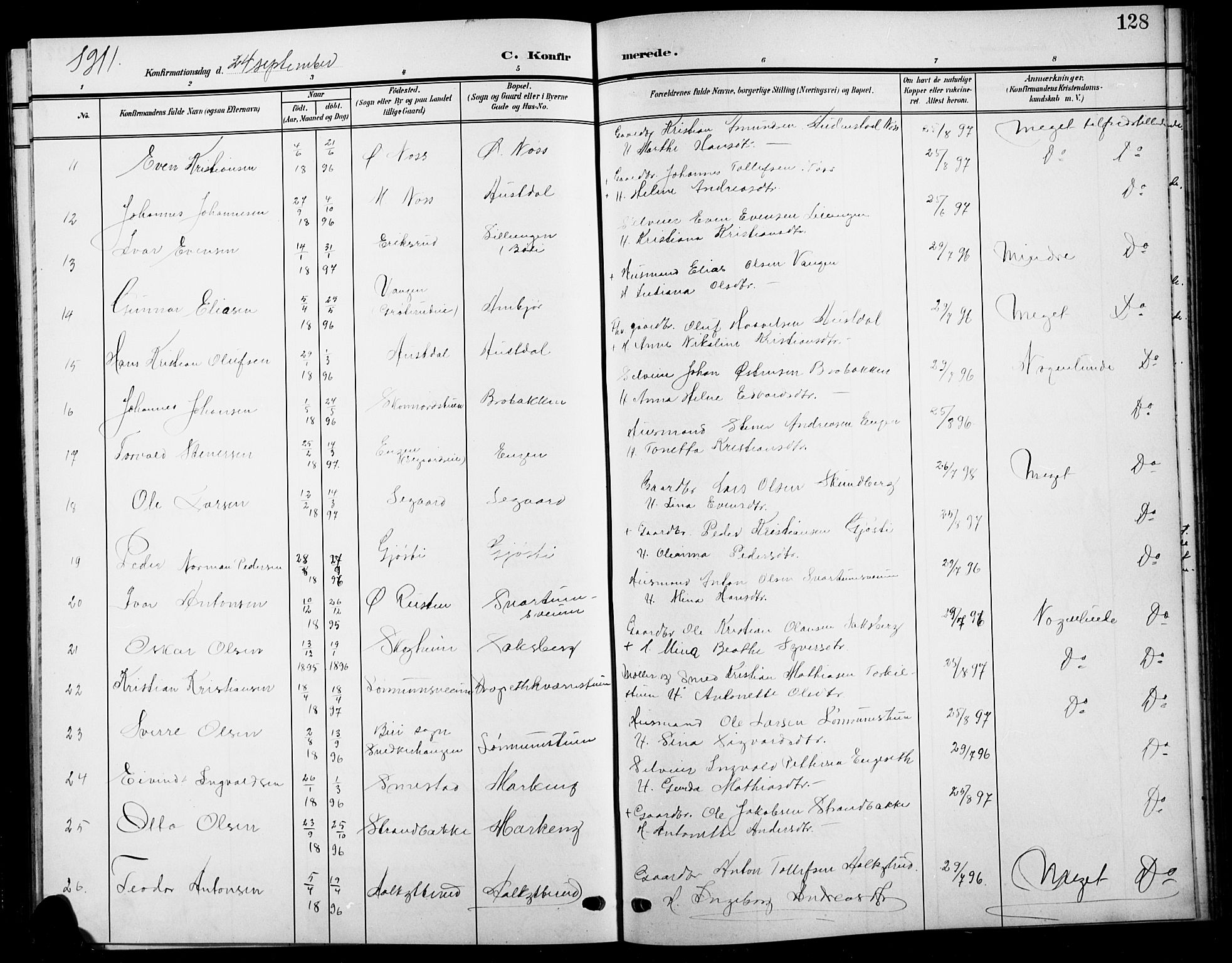Biri prestekontor, SAH/PREST-096/H/Ha/Hab/L0005: Parish register (copy) no. 5, 1906-1919, p. 128