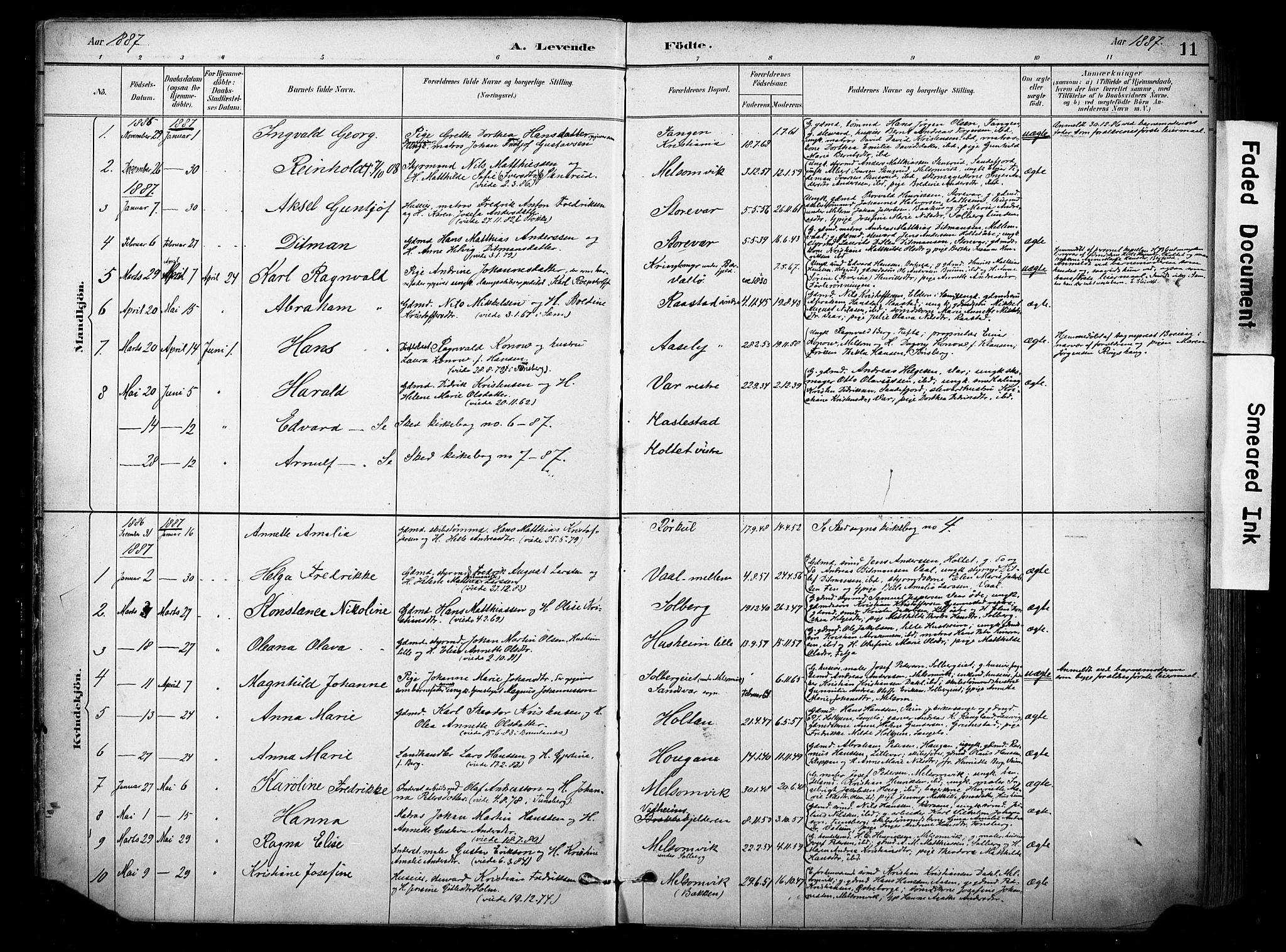 Stokke kirkebøker, AV/SAKO-A-320/F/Fa/L0010: Parish register (official) no. I 10, 1884-1903, p. 11