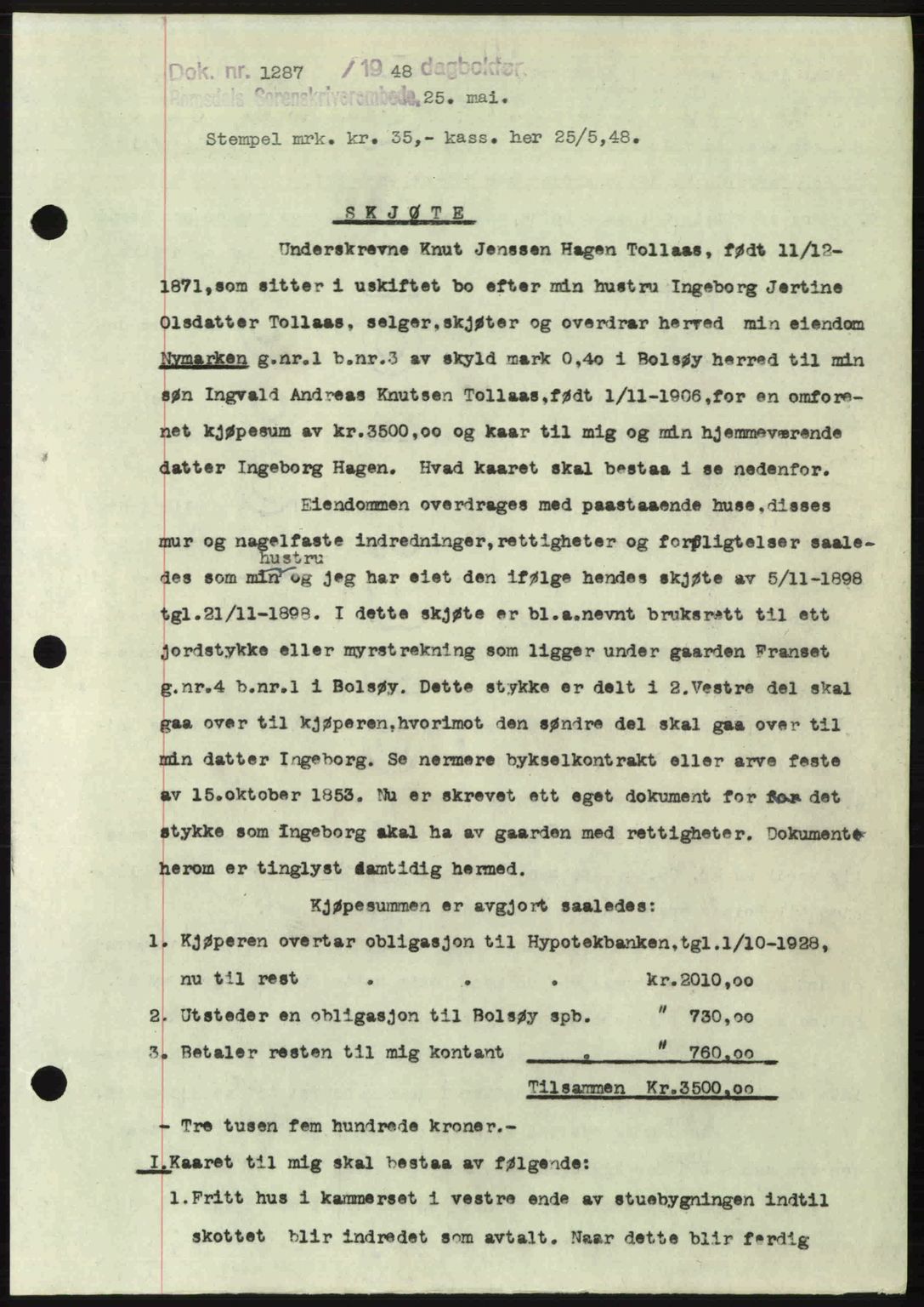 Romsdal sorenskriveri, AV/SAT-A-4149/1/2/2C: Mortgage book no. A26, 1948-1948, Diary no: : 1287/1948