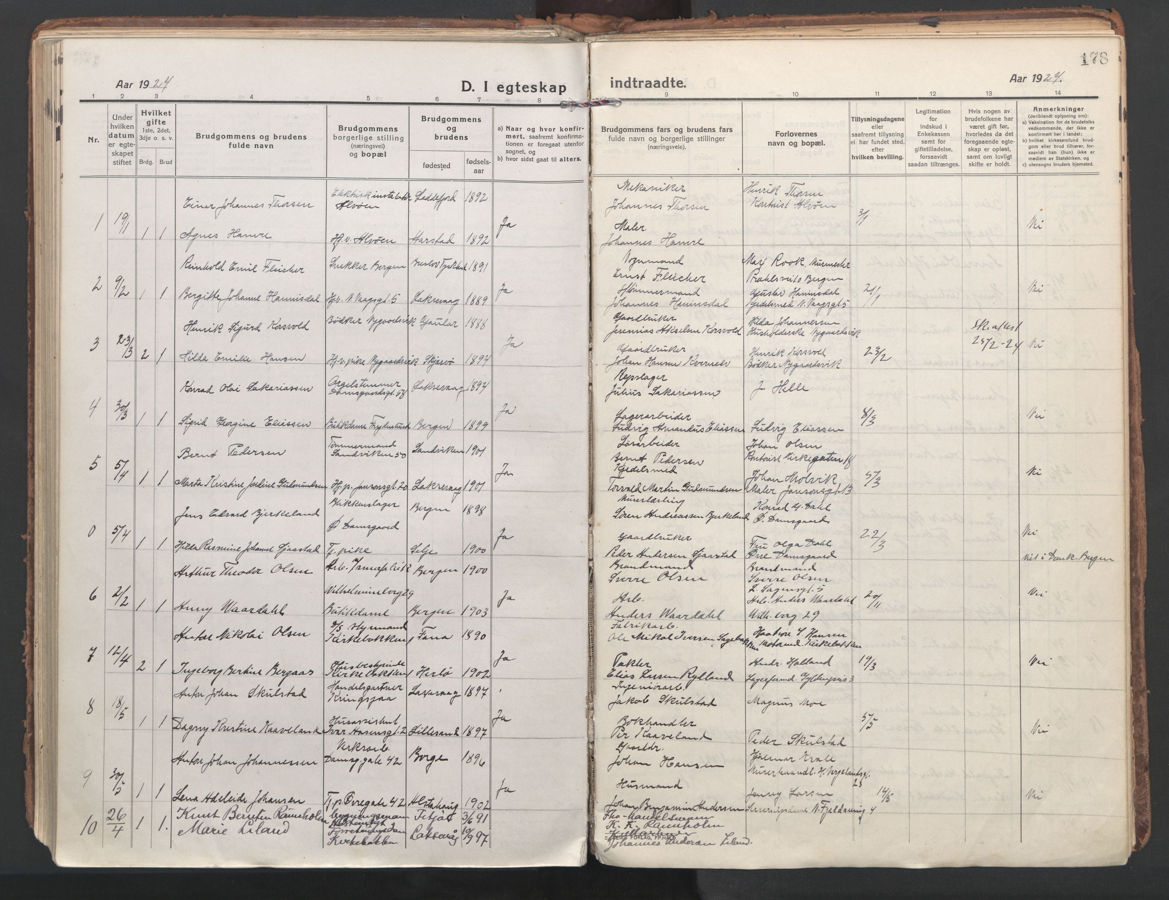 Laksevåg Sokneprestembete, AV/SAB-A-76501/H/Ha/Haa/Haaa/L0002: Parish register (official) no. A 2, 1917-1927, p. 178