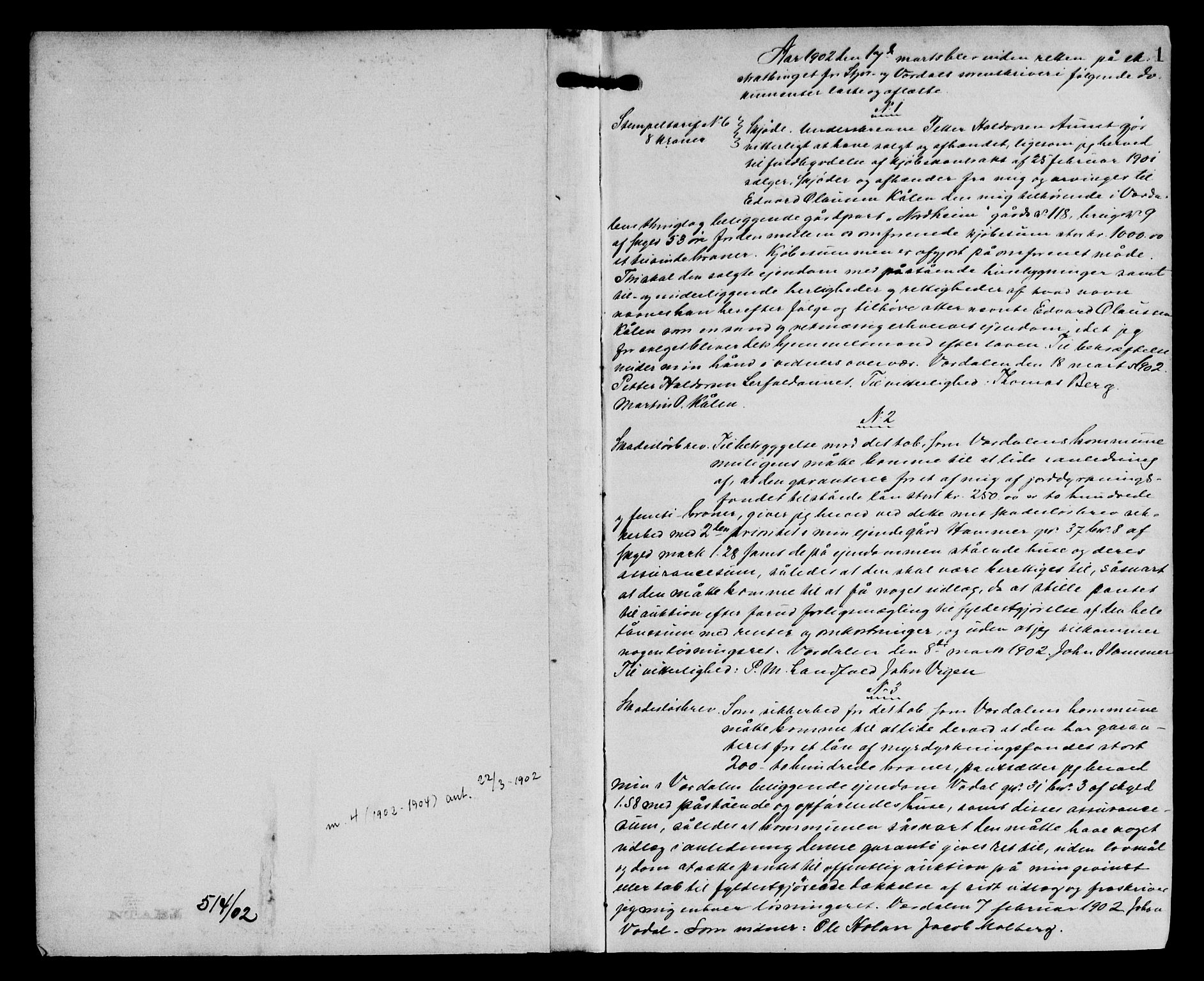 Stjør- og Verdal sorenskriveri, AV/SAT-A-4167/1/2/2C/L0036: Mortgage book no. 4, 1902-1904, p. 1