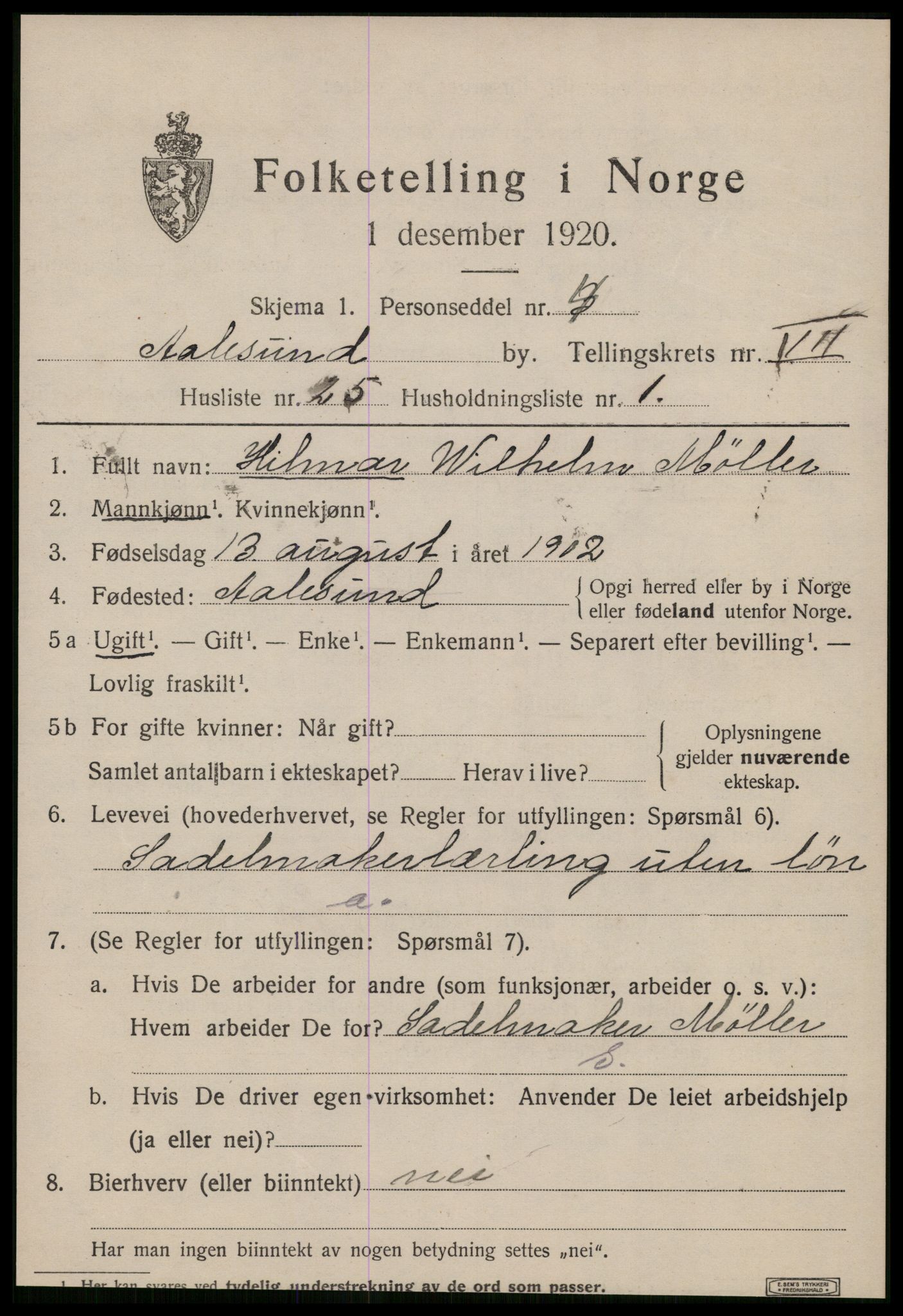 SAT, 1920 census for Ålesund, 1920, p. 20006