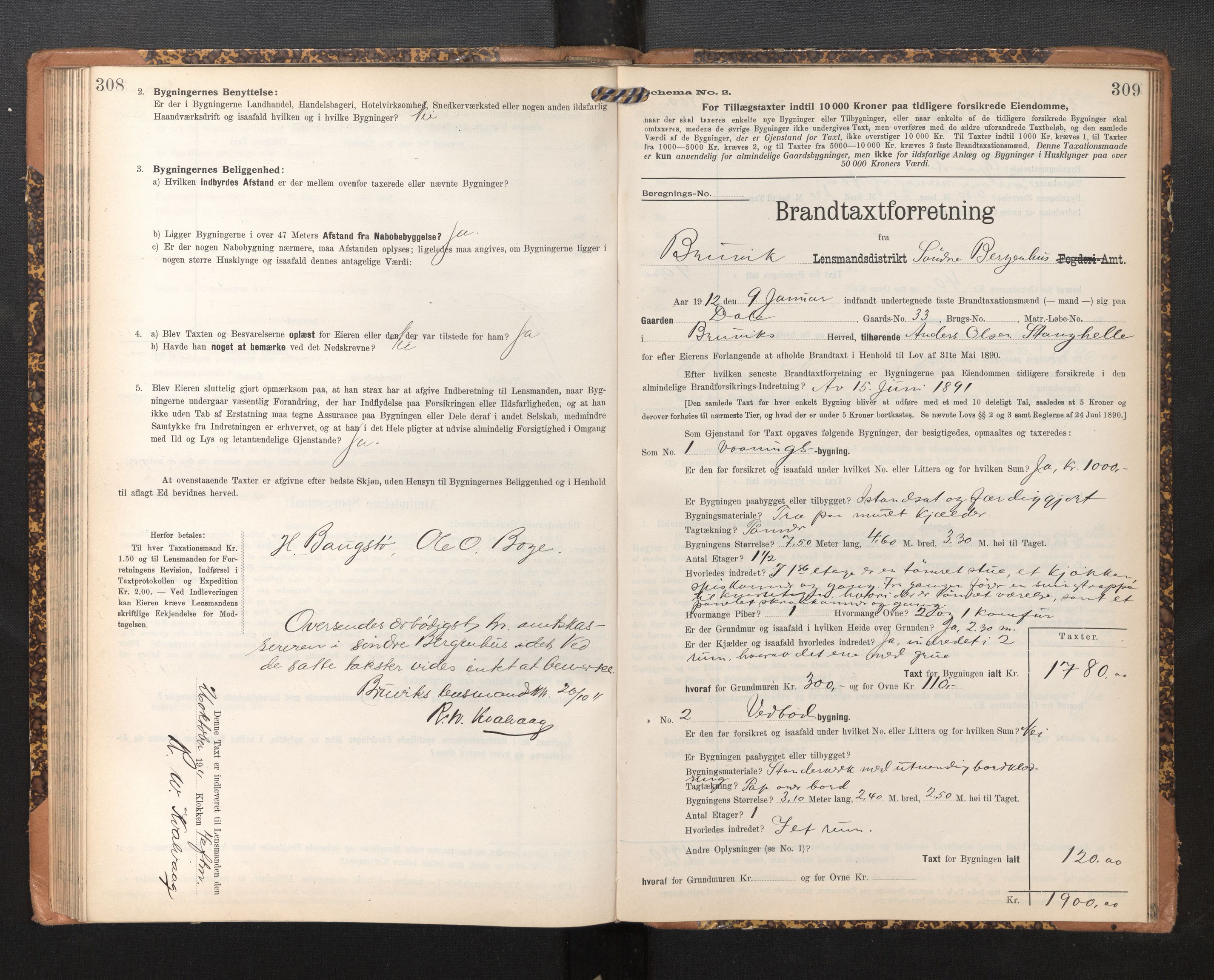 Lensmannen i Bruvik, SAB/A-31301/0012/L0007: Branntakstprotokoll, skjematakst, 1906-1918, p. 308-309