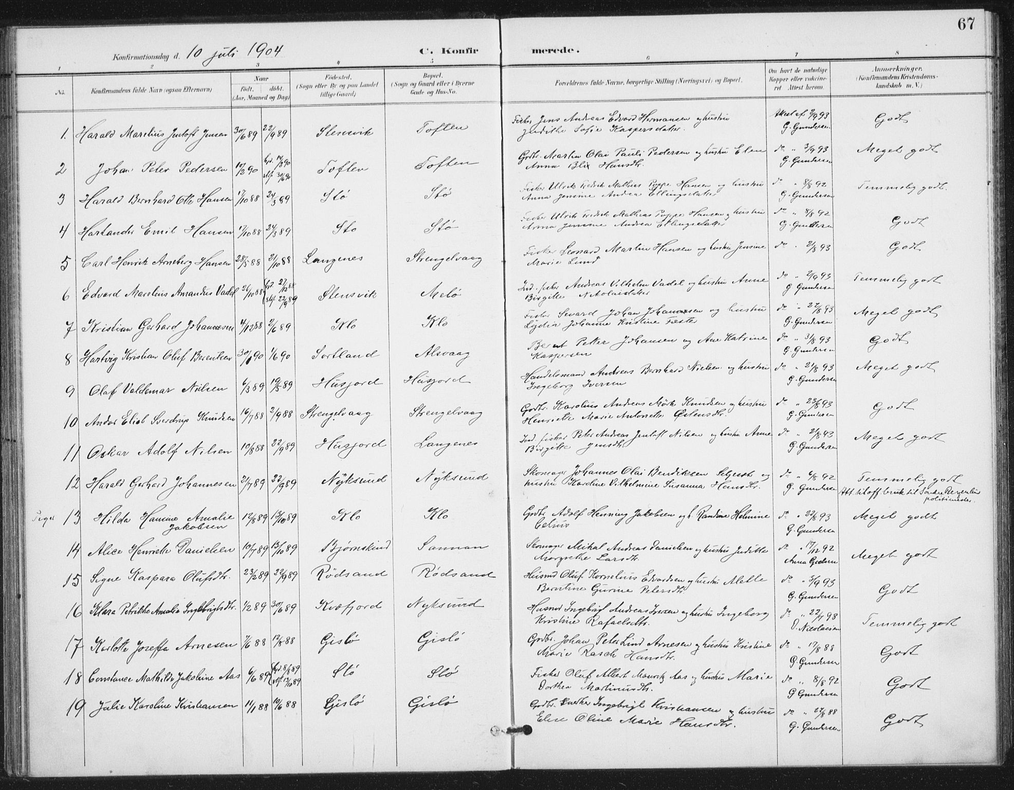 Ministerialprotokoller, klokkerbøker og fødselsregistre - Nordland, SAT/A-1459/894/L1356: Parish register (official) no. 894A02, 1897-1914, p. 67
