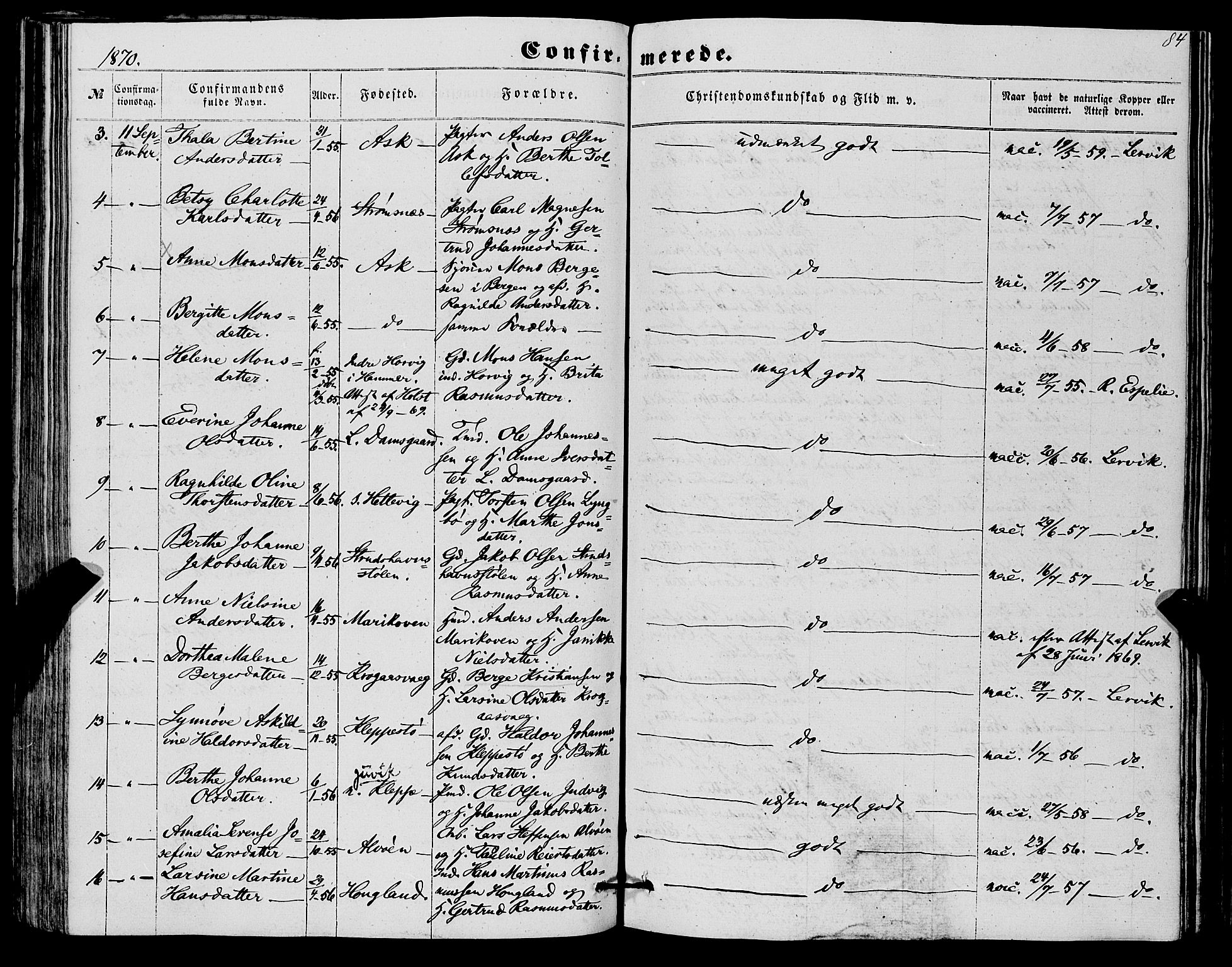 Askøy Sokneprestembete, SAB/A-74101/H/Ha/Haa/Haaa/L0012: Parish register (official) no. A 12, 1855-1877, p. 84
