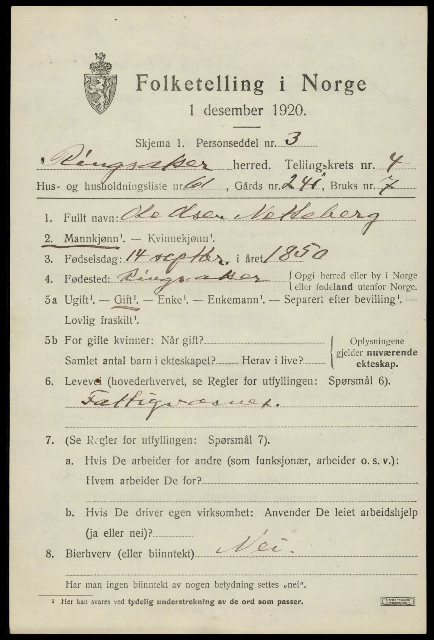 SAH, 1920 census for Ringsaker, 1920, p. 9348