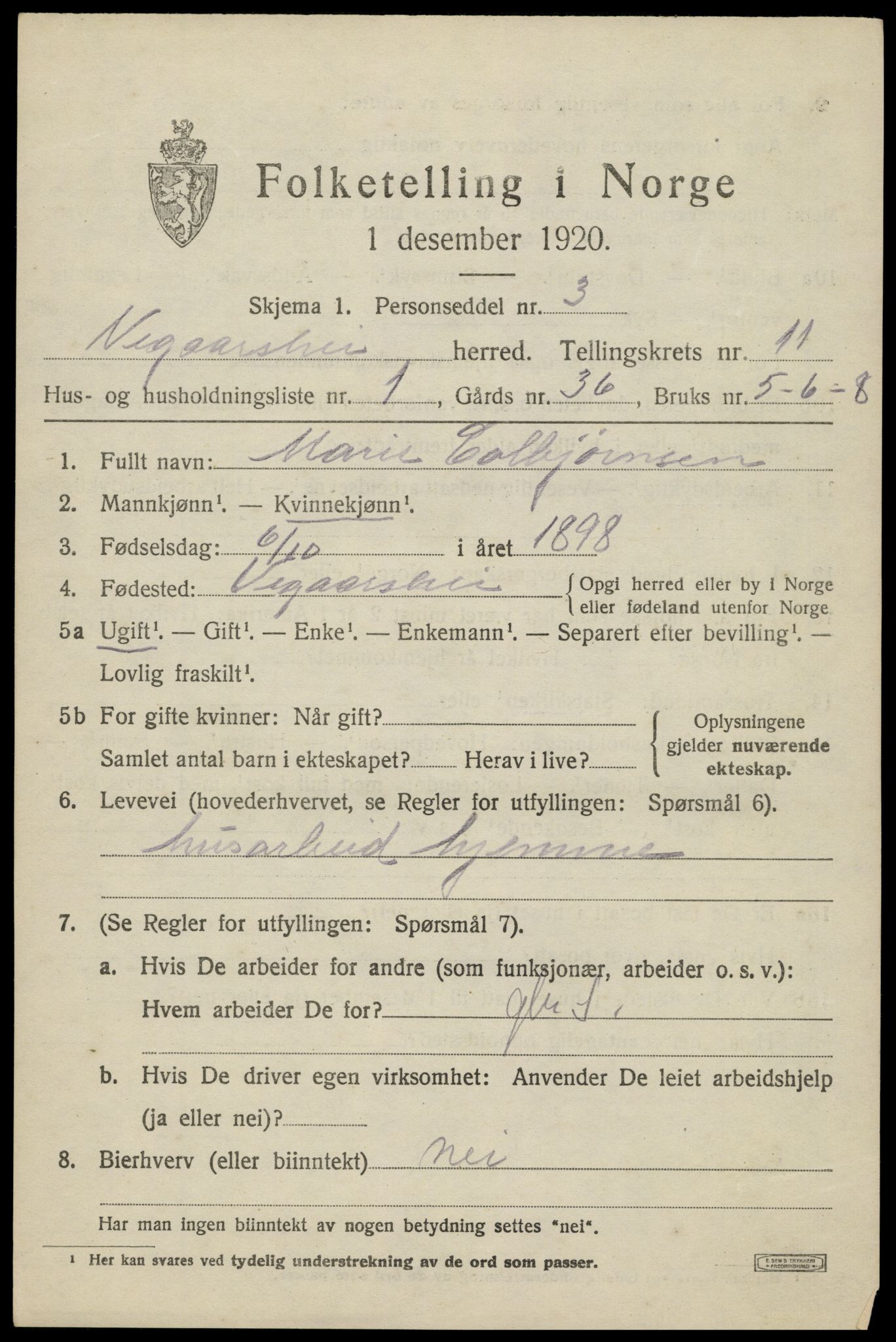 SAK, 1920 census for Vegårshei, 1920, p. 3426