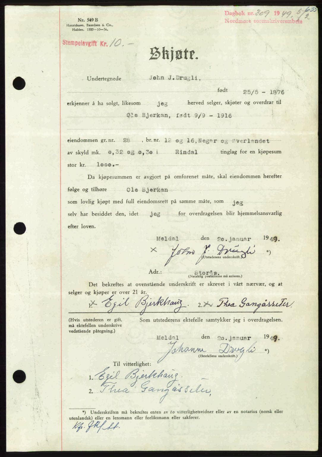 Nordmøre sorenskriveri, AV/SAT-A-4132/1/2/2Ca: Mortgage book no. A110, 1948-1949, Diary no: : 309/1949