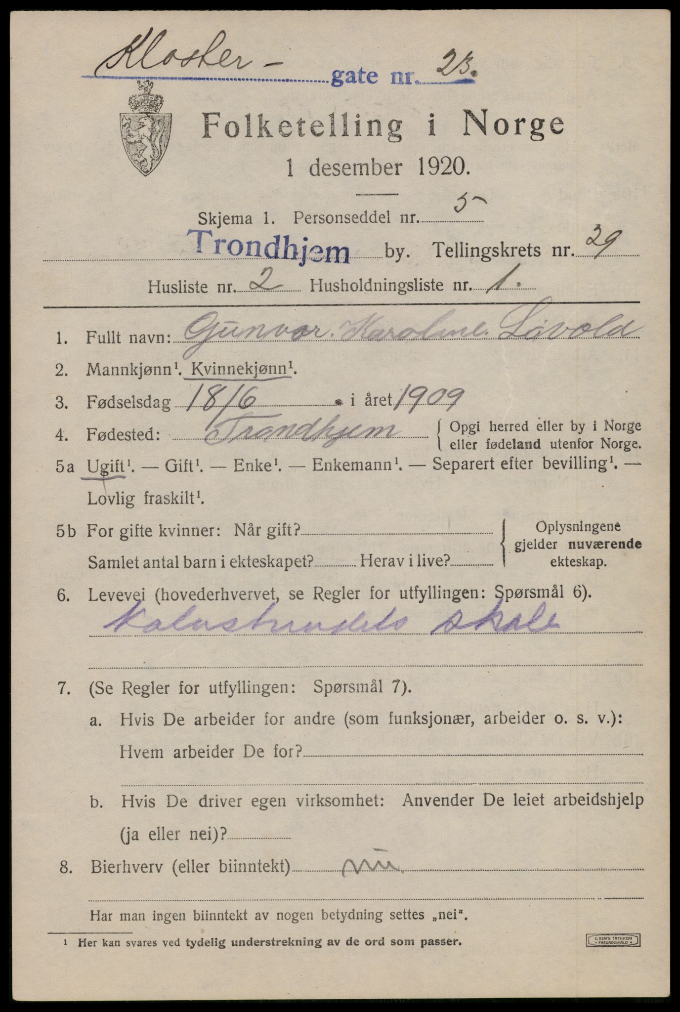 SAT, 1920 census for Trondheim, 1920, p. 72156