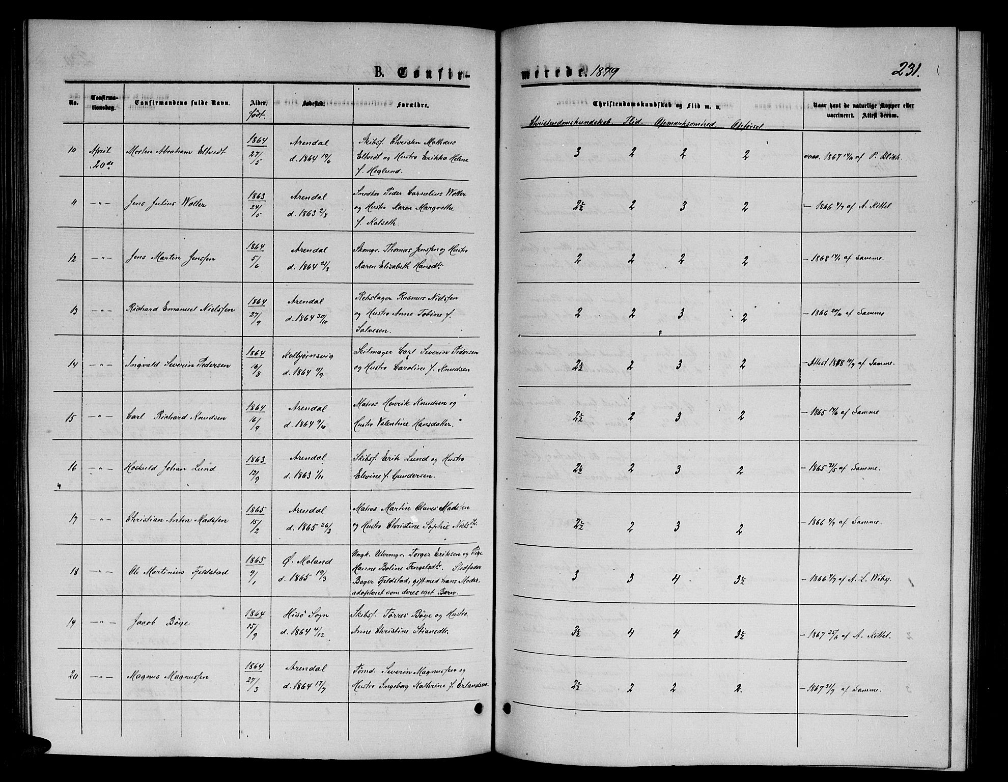 Arendal sokneprestkontor, Trefoldighet, AV/SAK-1111-0040/F/Fb/L0005: Parish register (copy) no. B 5, 1874-1888, p. 231