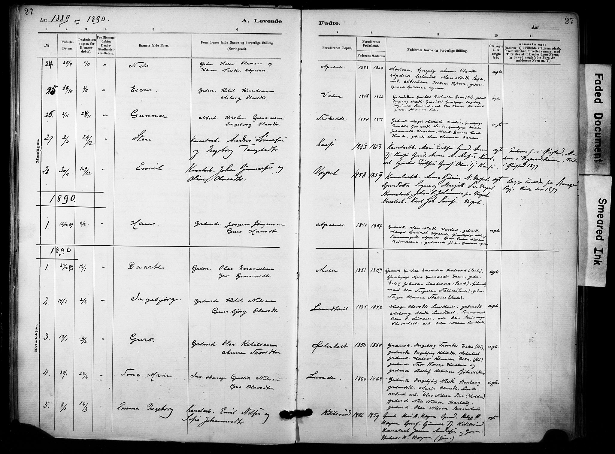 Lunde kirkebøker, SAKO/A-282/F/Fa/L0002: Parish register (official) no. I 2, 1884-1892, p. 27