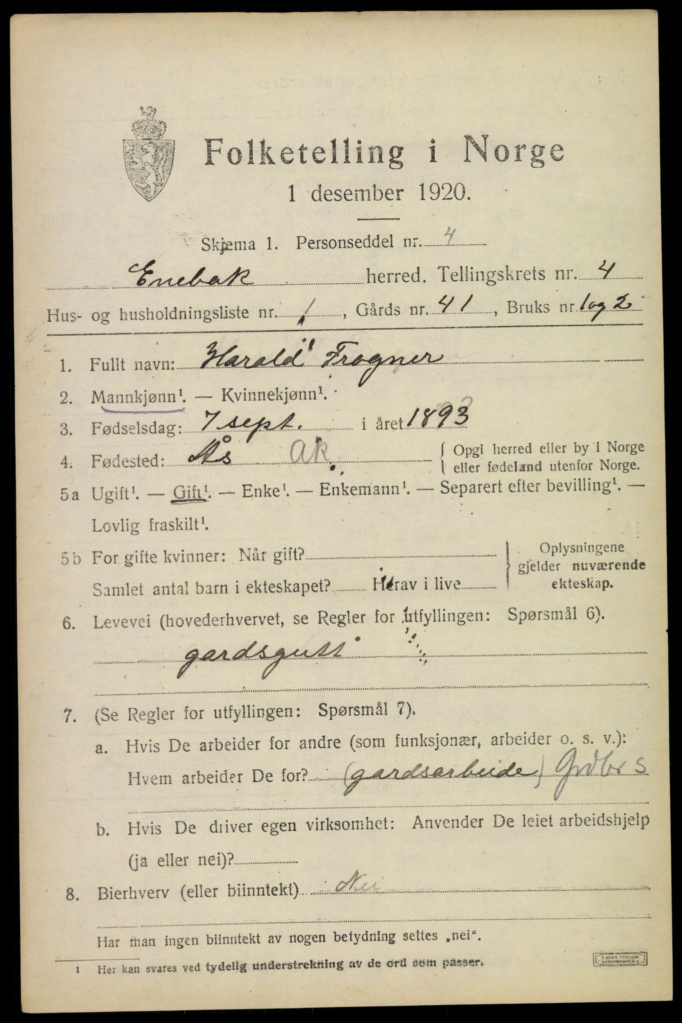 SAO, 1920 census for Enebakk, 1920, p. 3423