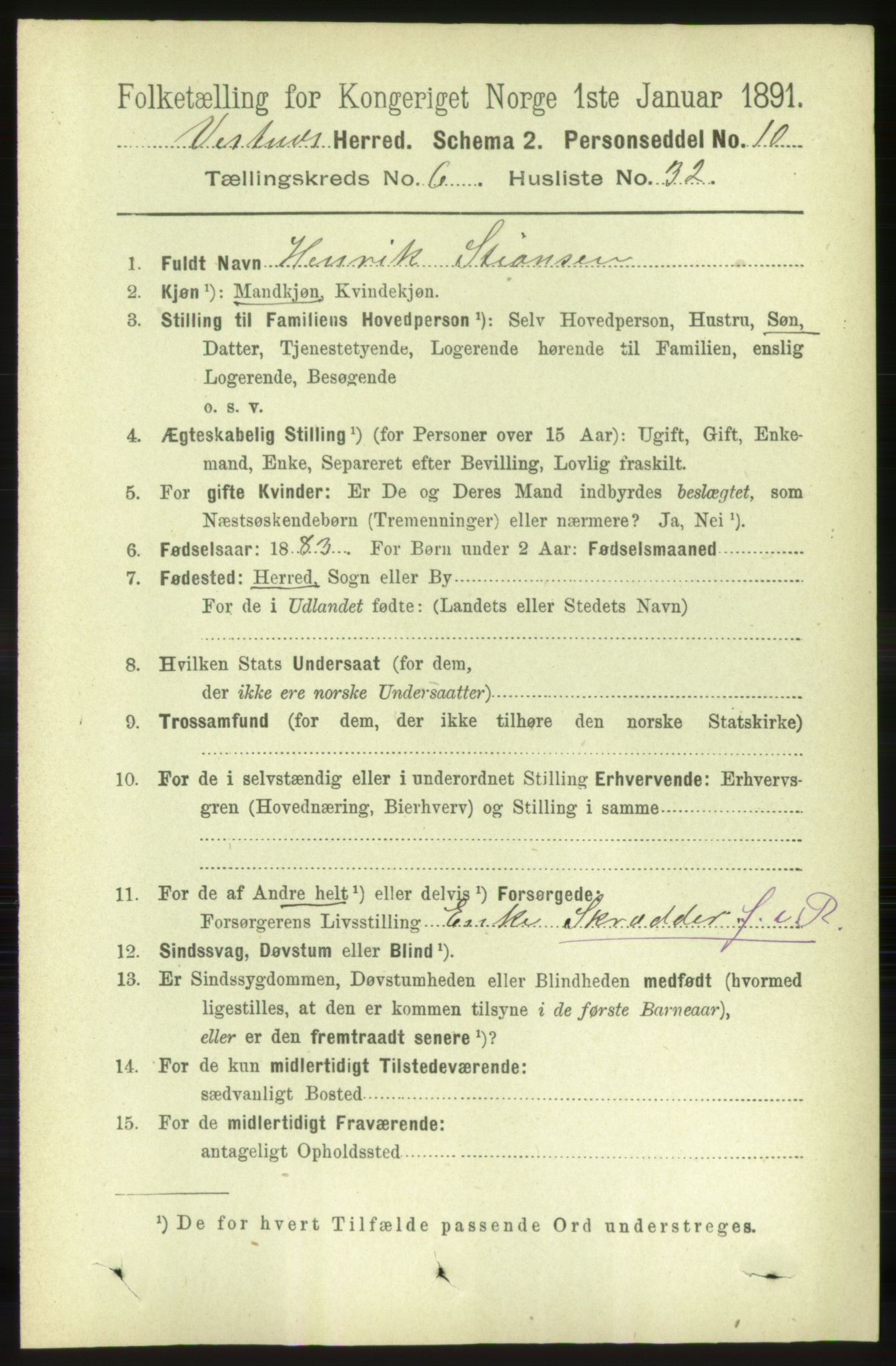 RA, 1891 census for 1535 Vestnes, 1891, p. 2360