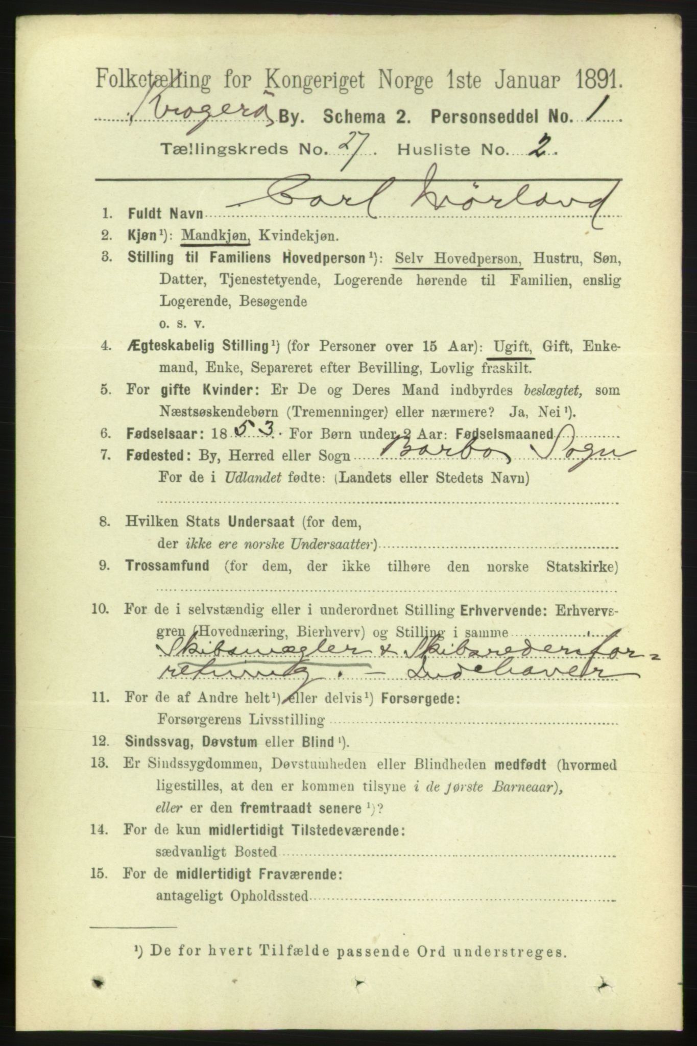 RA, 1891 census for 0801 Kragerø, 1891, p. 5297