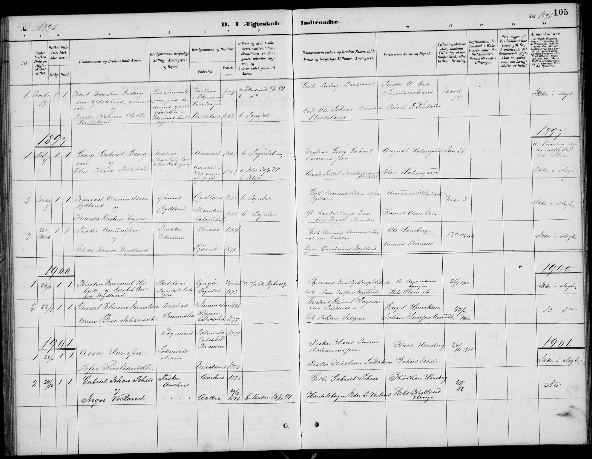 Sokndal sokneprestkontor, SAST/A-101808: Parish register (copy) no. B 5, 1887-1934, p. 105