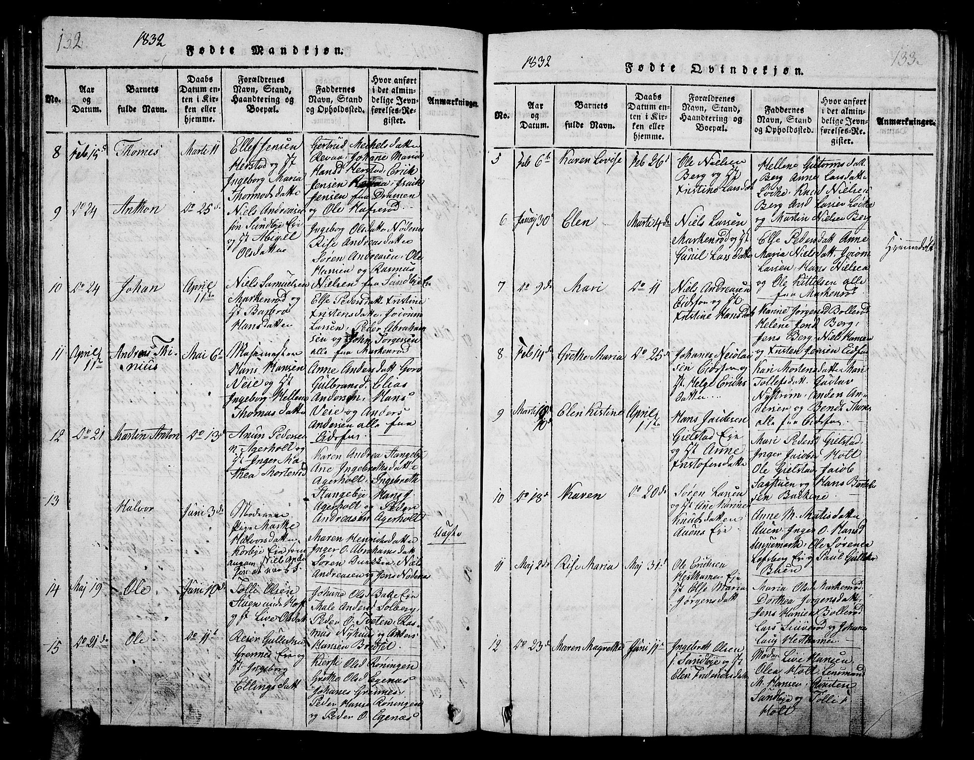 Hof kirkebøker, AV/SAKO-A-64/G/Ga/L0001: Parish register (copy) no. I 1, 1814-1844, p. 132-133