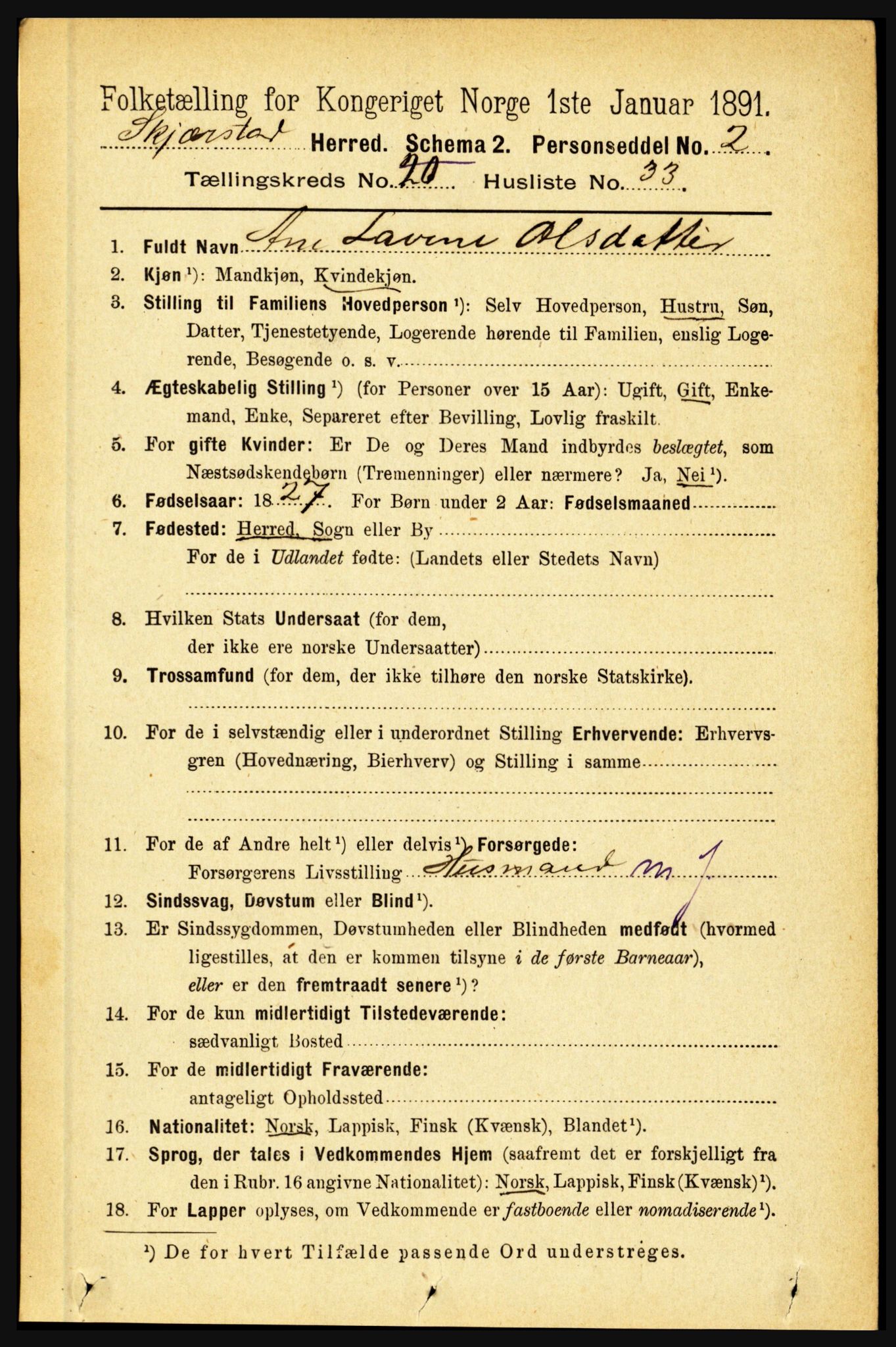 RA, 1891 census for 1842 Skjerstad, 1891, p. 3516