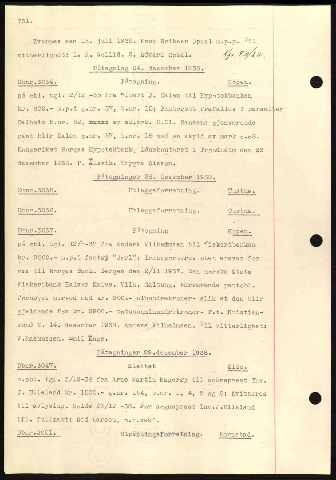 Nordmøre sorenskriveri, AV/SAT-A-4132/1/2/2Ca: Mortgage book no. C80, 1936-1939, Diary no: : 3034/1938