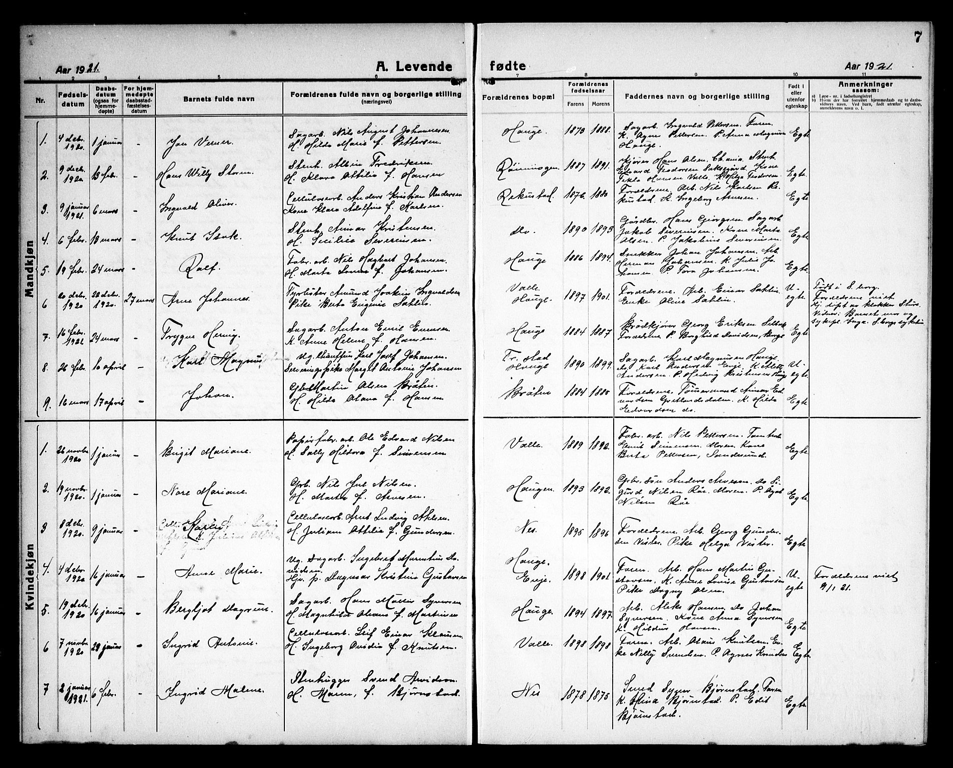 Rolvsøy prestekontor Kirkebøker, AV/SAO-A-2004/G/Ga/L0002: Parish register (copy) no. 2, 1920-1935, p. 7