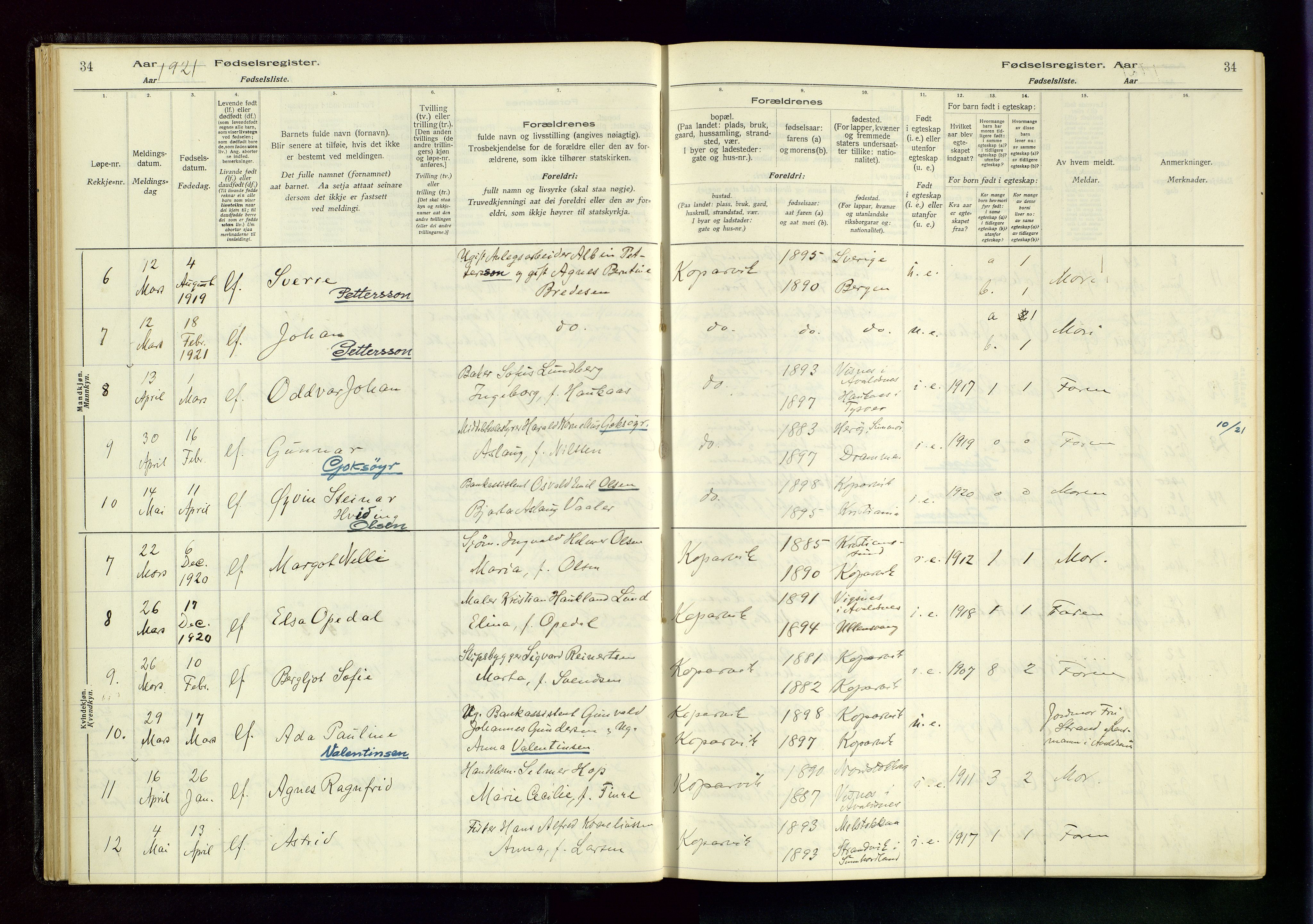 Kopervik sokneprestkontor, AV/SAST-A-101850/I/Id/L0001: Birth register no. 1, 1916-1952, p. 34