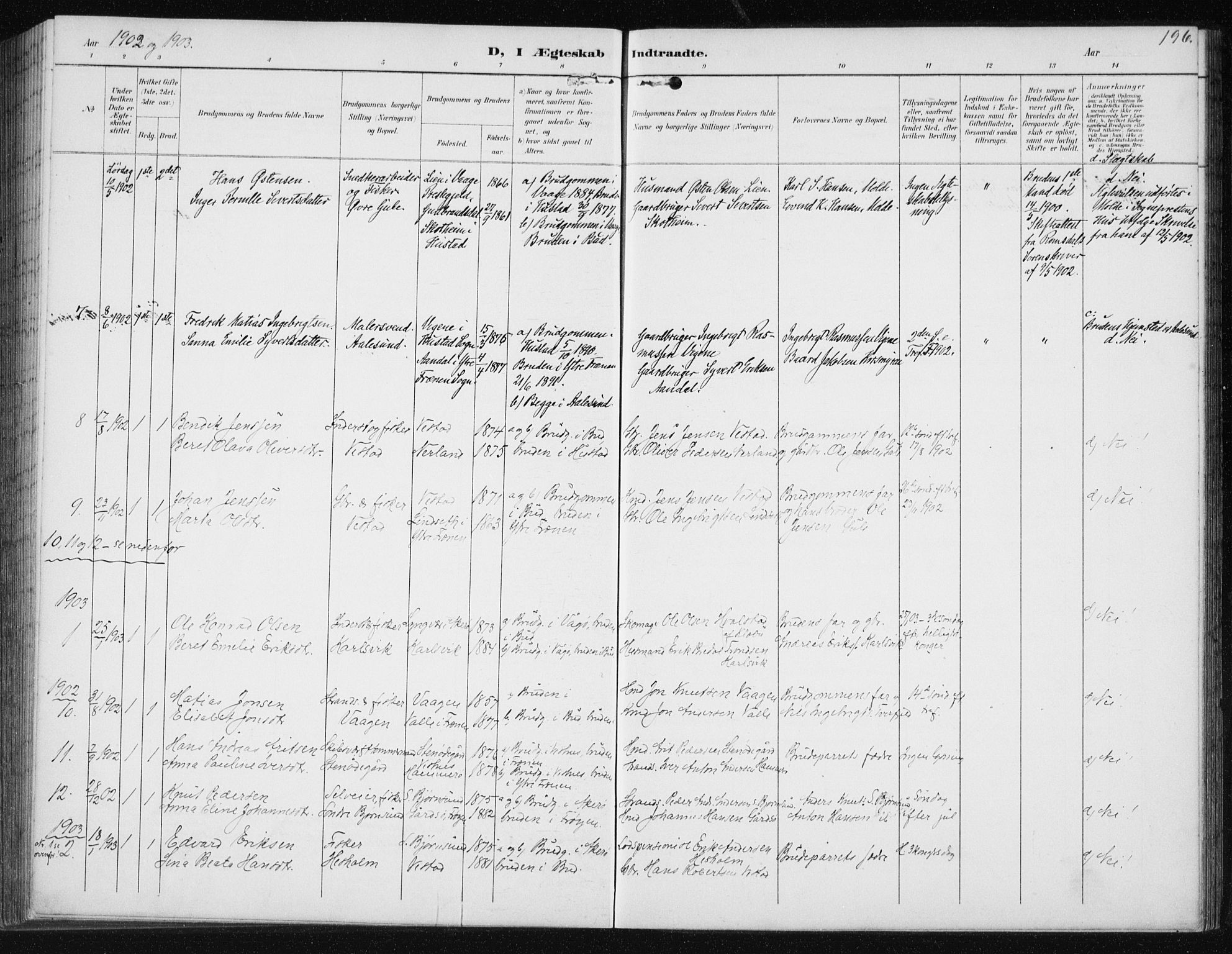 Ministerialprotokoller, klokkerbøker og fødselsregistre - Møre og Romsdal, AV/SAT-A-1454/566/L0773: Parish register (copy) no. 566C02, 1892-1909, p. 196