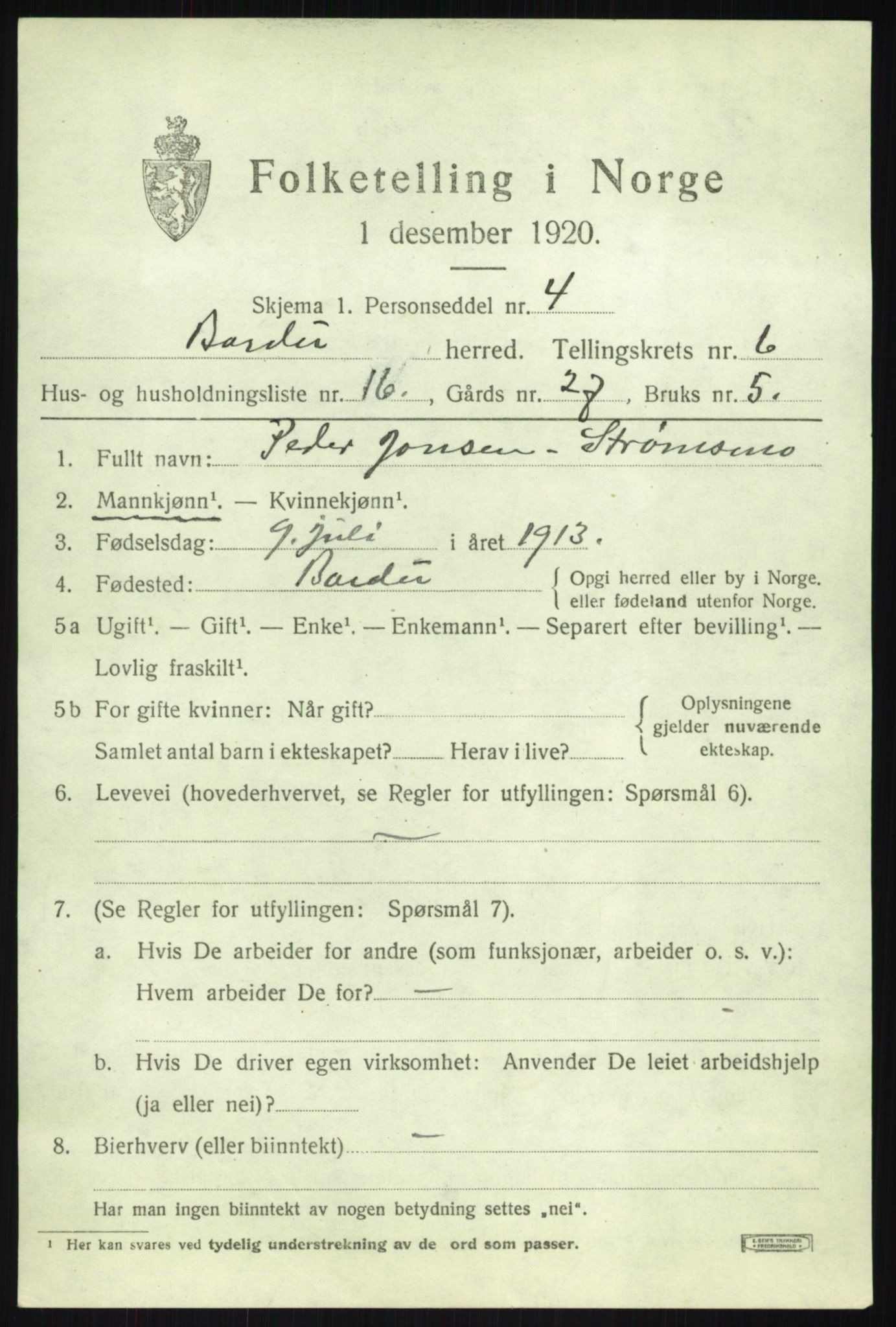 SATØ, 1920 census for Bardu, 1920, p. 2719