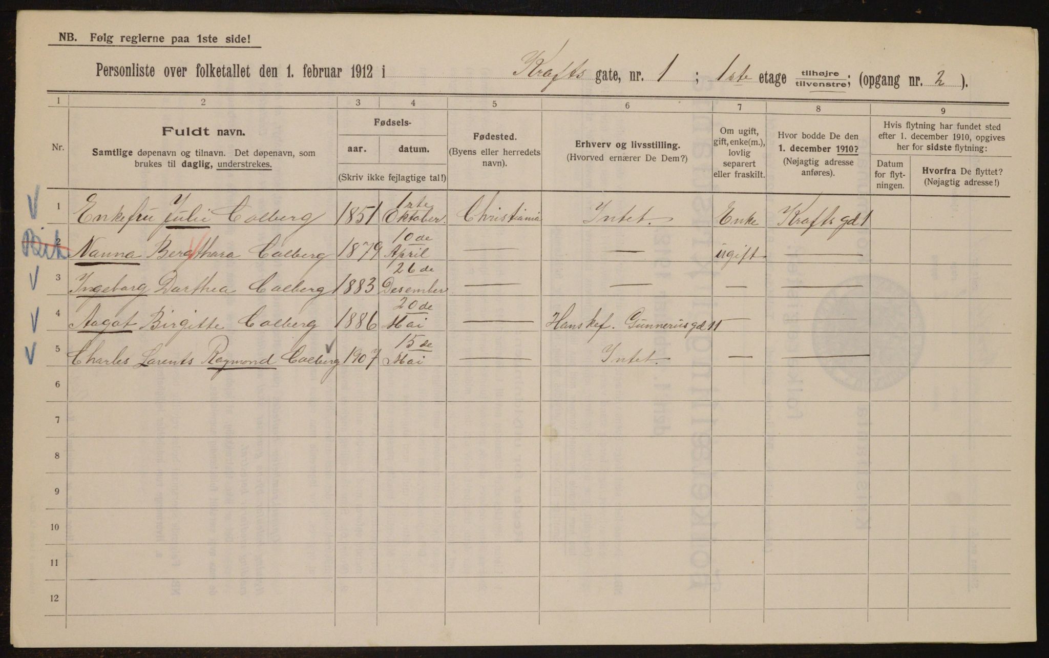 OBA, Municipal Census 1912 for Kristiania, 1912, p. 54185