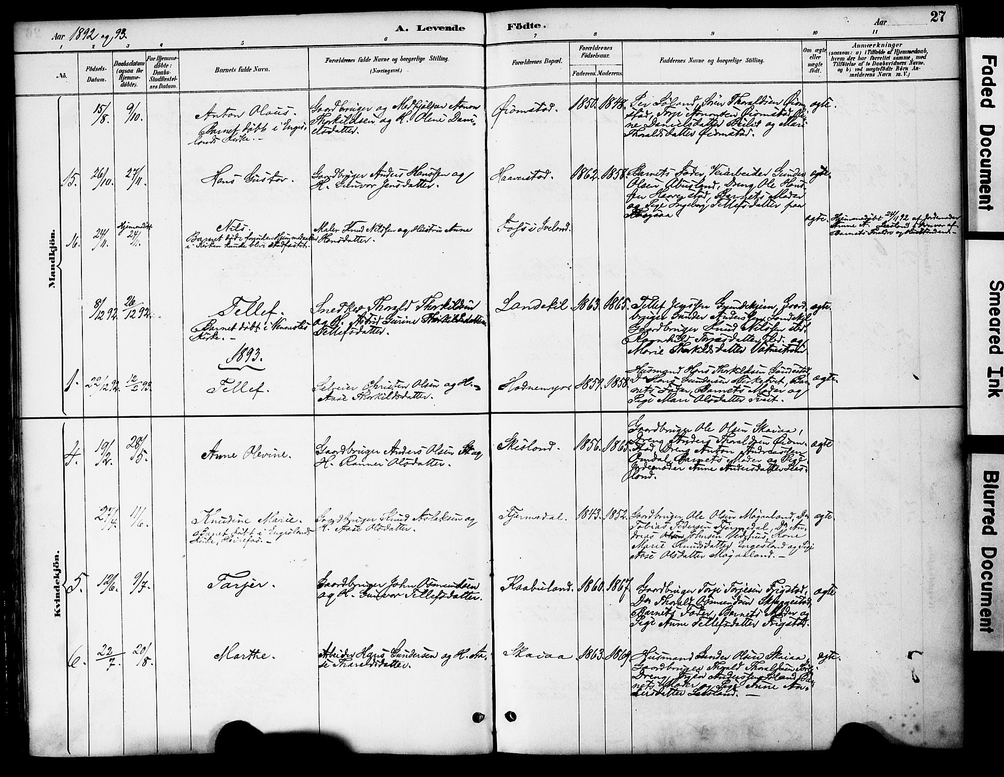 Evje sokneprestkontor, AV/SAK-1111-0008/F/Fa/Fac/L0003: Parish register (official) no. A 3, 1884-1909, p. 27