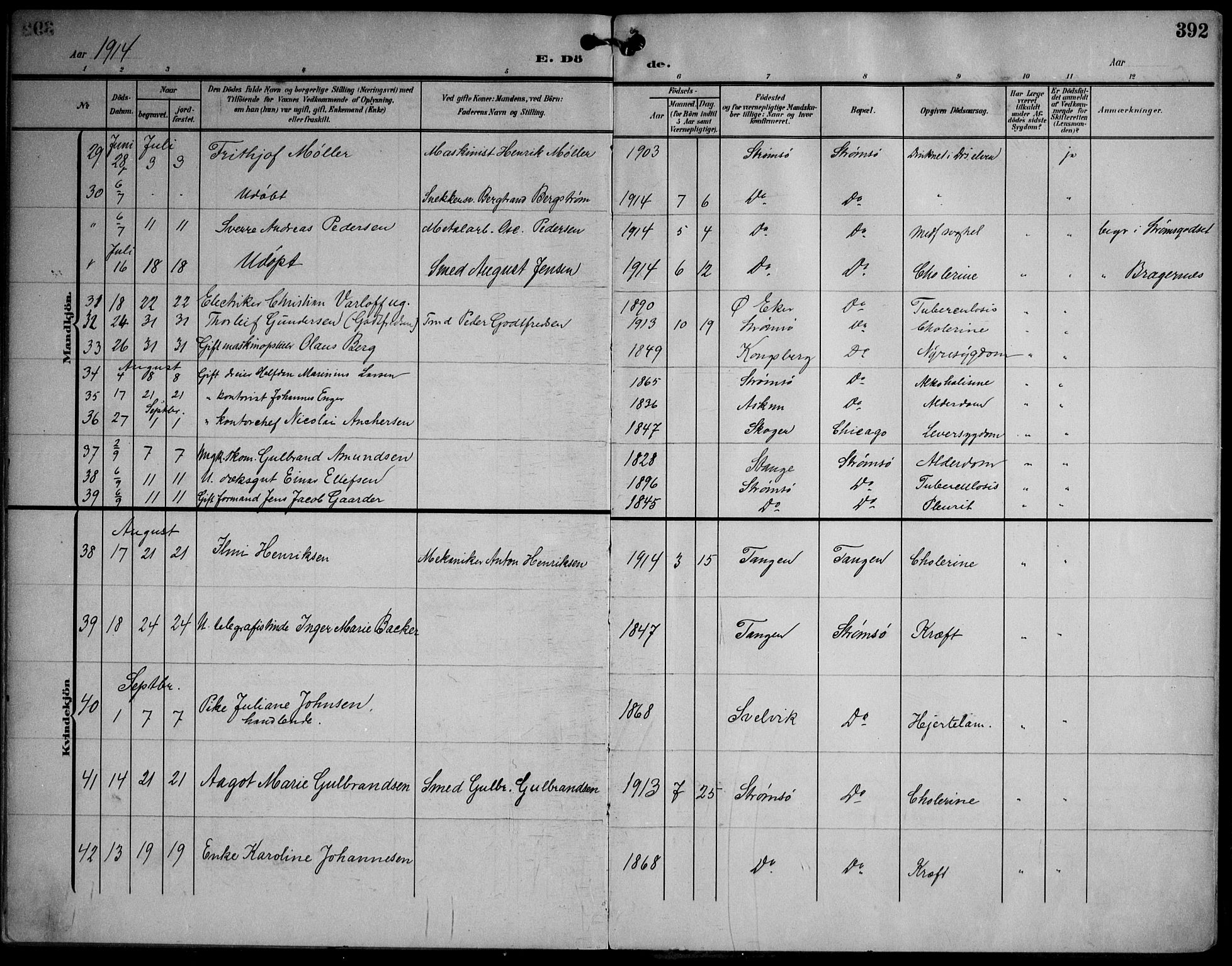 Strømsø kirkebøker, AV/SAKO-A-246/F/Fa/L0026: Parish register (official) no. I 26, 1905-1914, p. 392