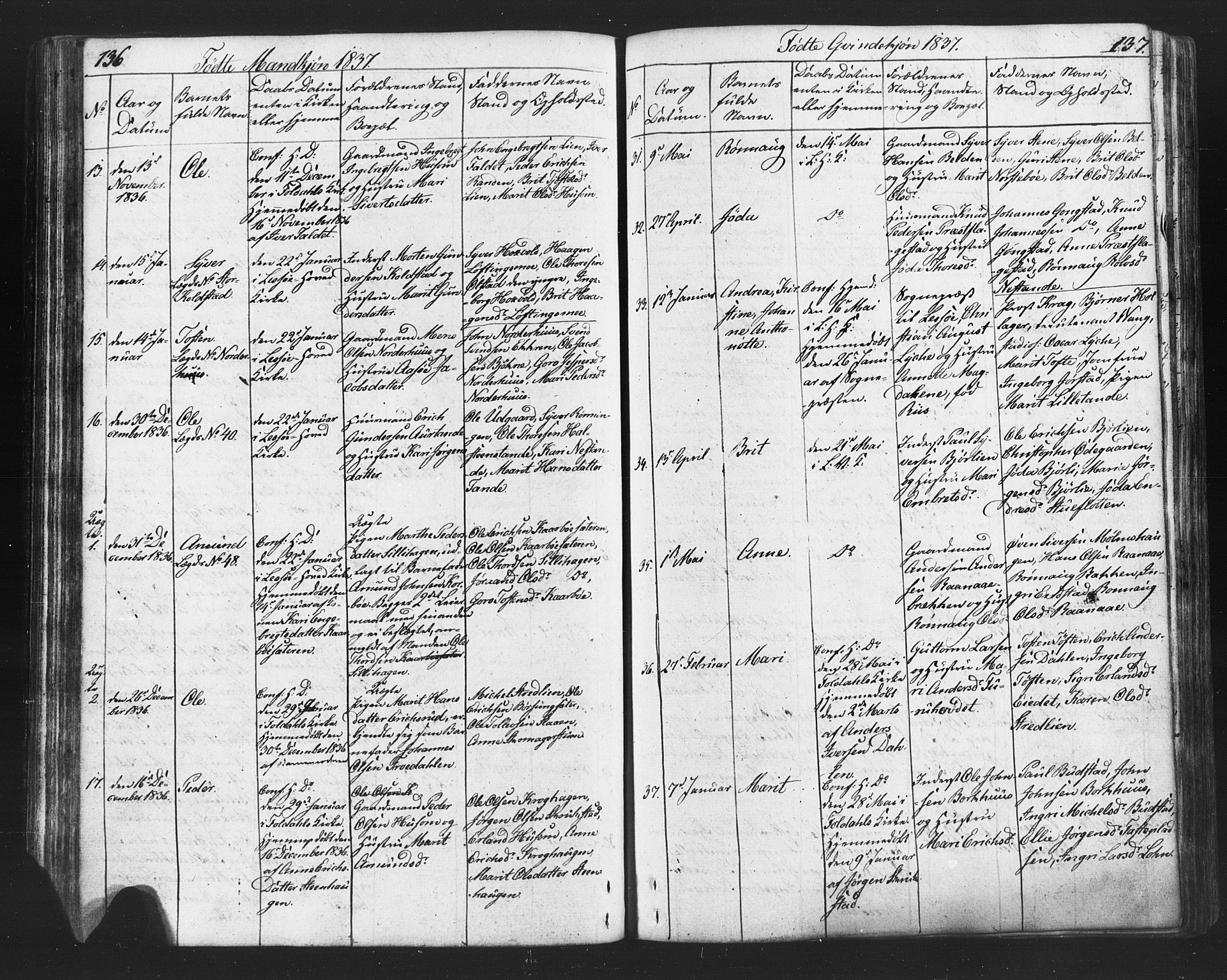 Lesja prestekontor, SAH/PREST-068/H/Ha/Hab/L0002: Parish register (copy) no. 2, 1832-1850, p. 136-137