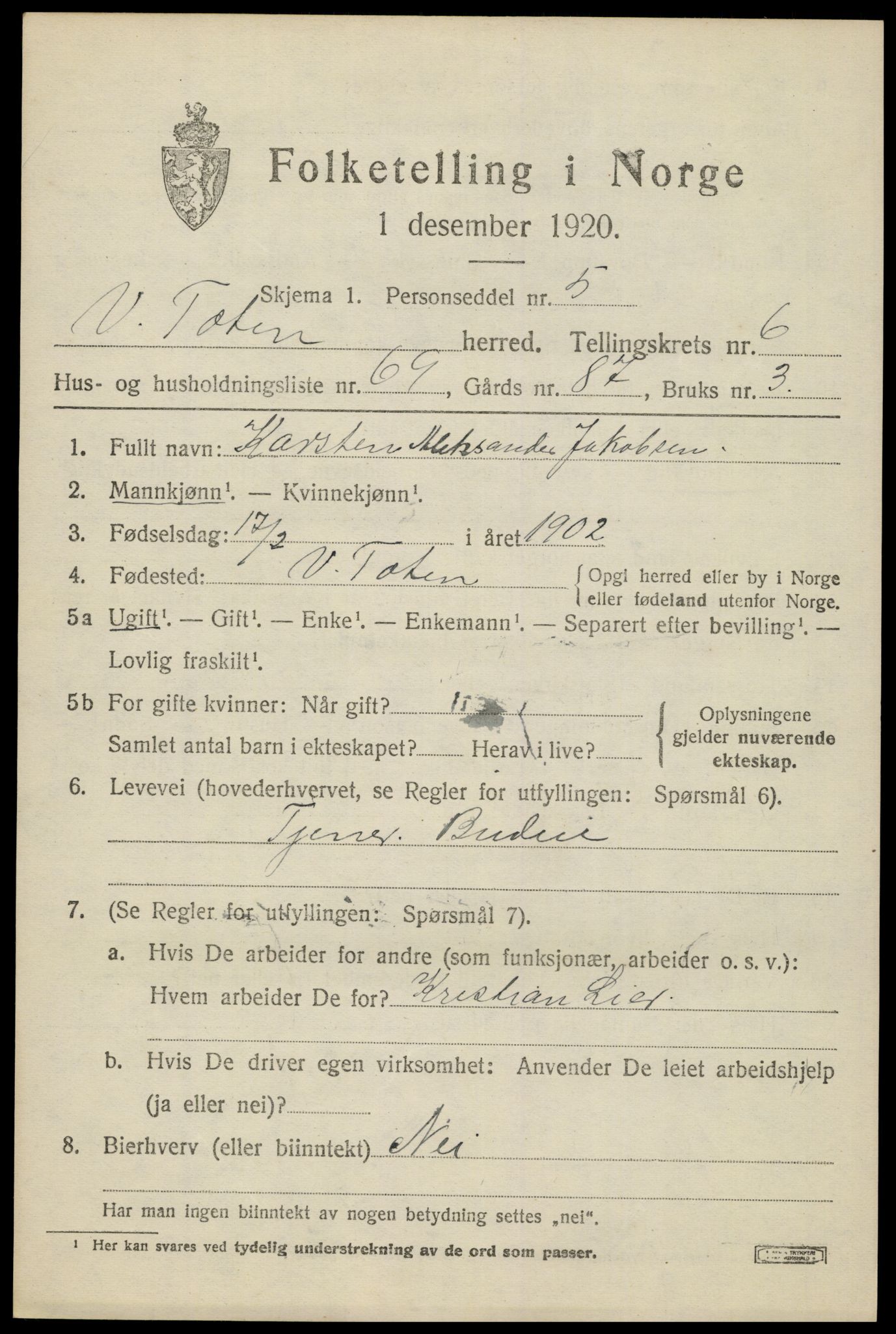 SAH, 1920 census for Vestre Toten, 1920, p. 8918