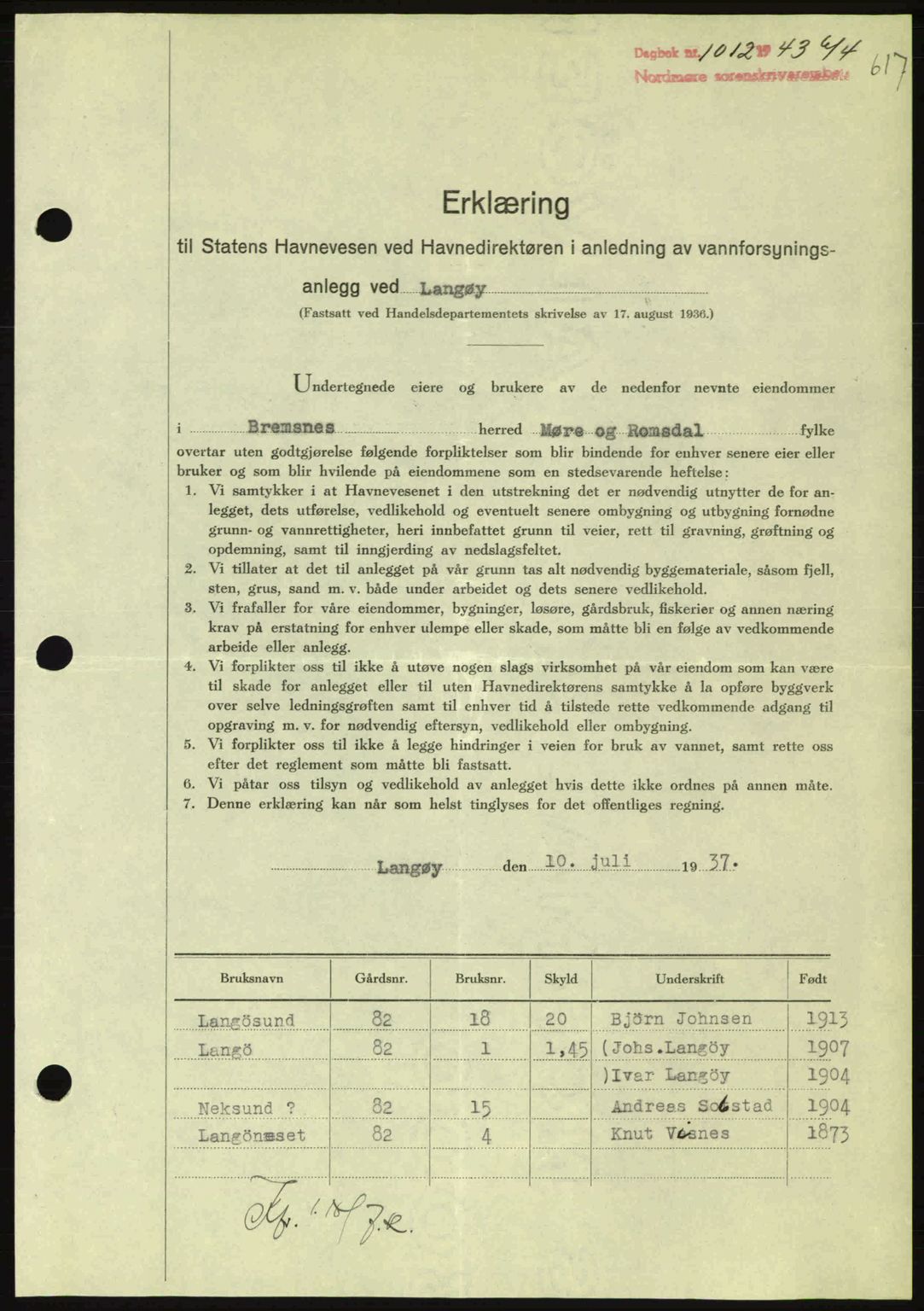 Nordmøre sorenskriveri, AV/SAT-A-4132/1/2/2Ca: Mortgage book no. B90, 1942-1943, Diary no: : 1012/1943