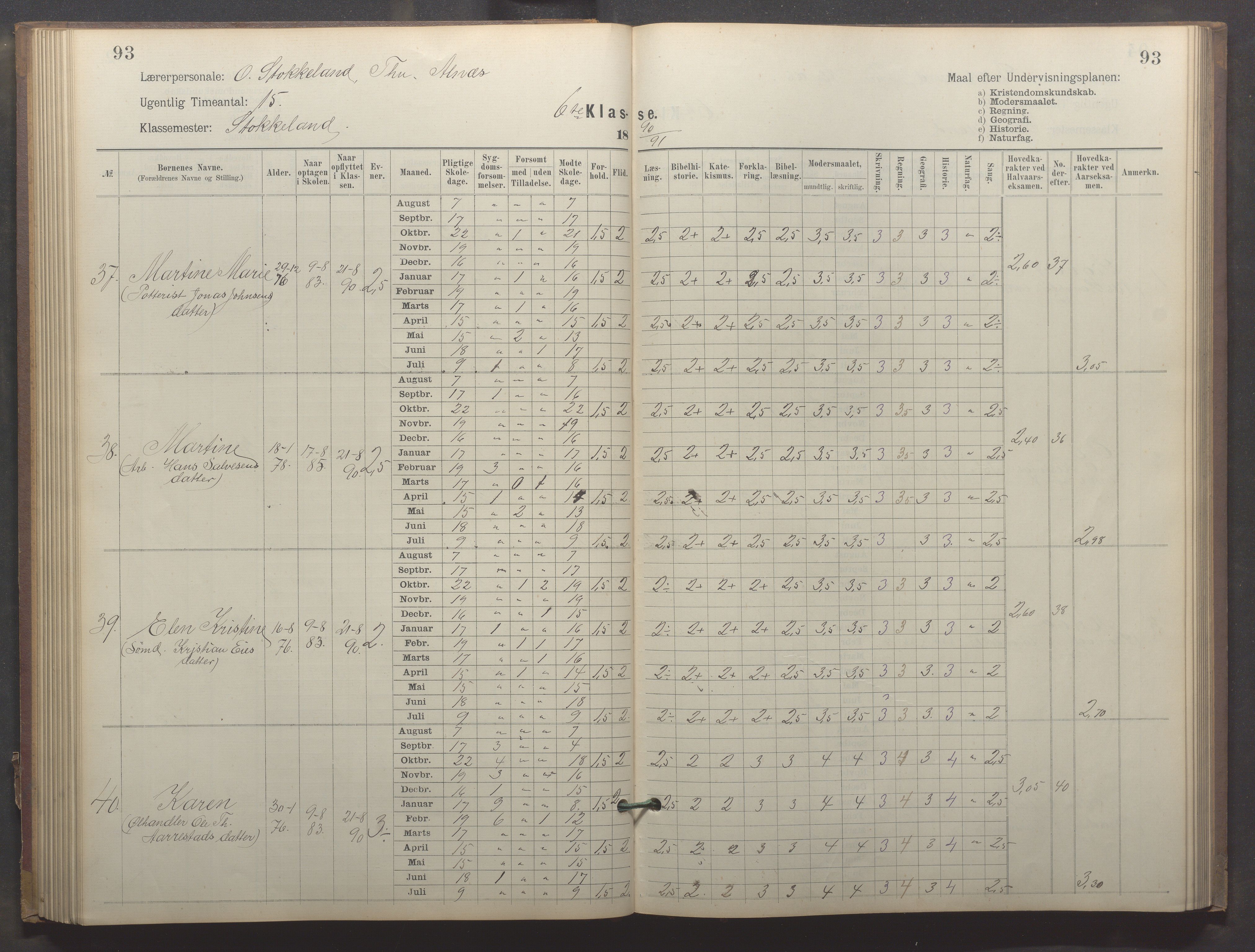 Egersund kommune (Ladested) - Egersund almueskole/folkeskole, IKAR/K-100521/H/L0023: Skoleprotokoll - Almueskolen, 6. klasse, 1886-1892, p. 93