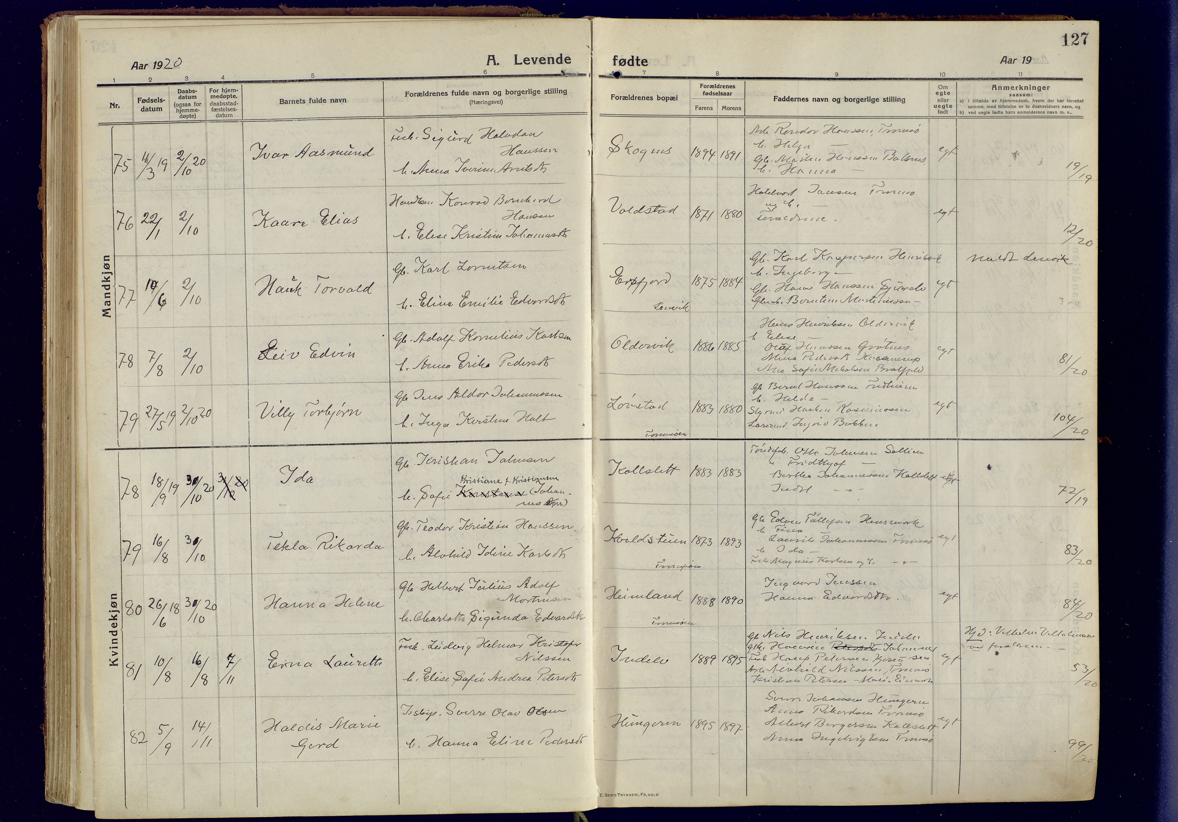 Tromsøysund sokneprestkontor, AV/SATØ-S-1304/G/Ga/L0008kirke: Parish register (official) no. 8, 1914-1922, p. 127