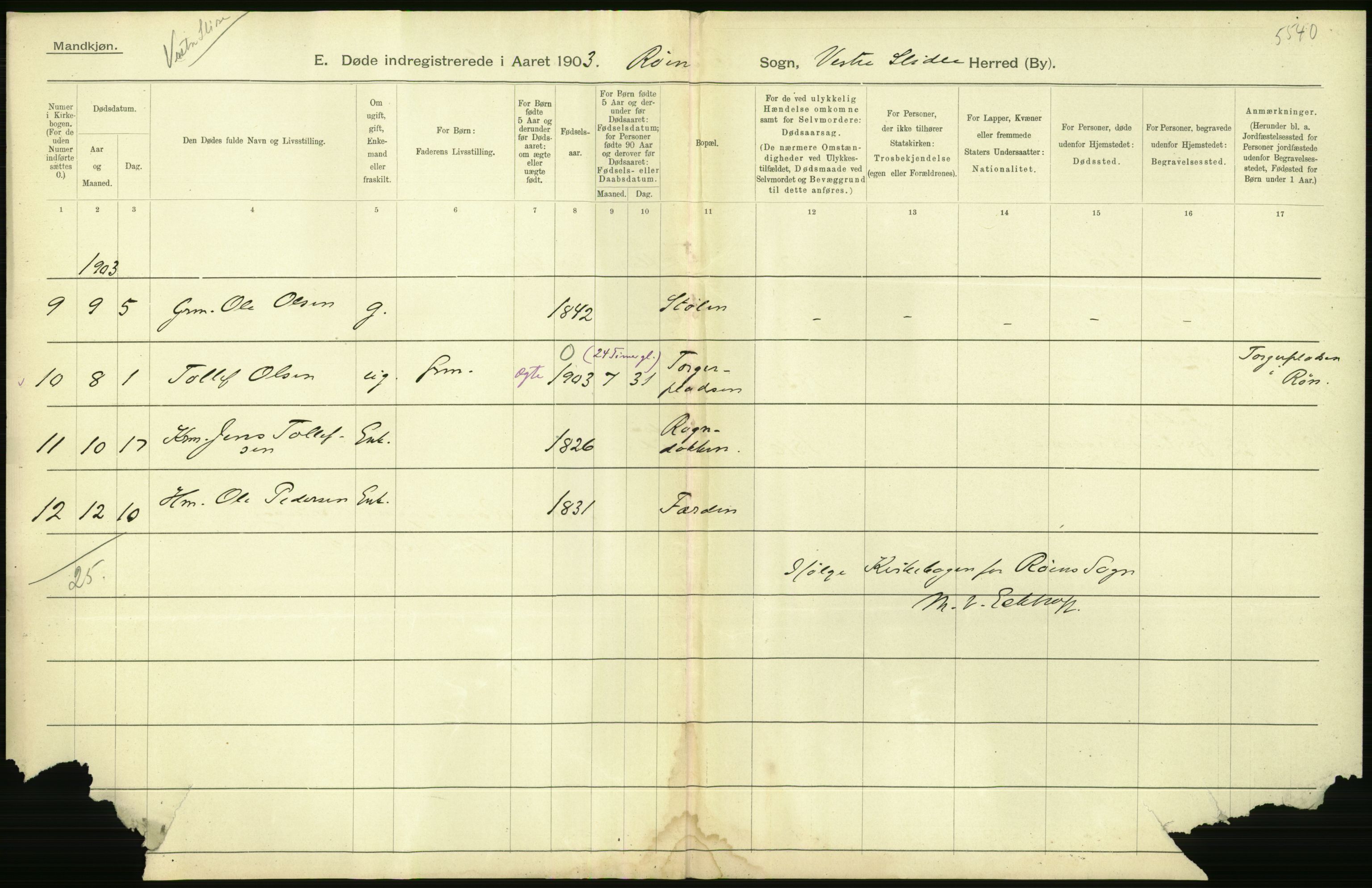 Statistisk sentralbyrå, Sosiodemografiske emner, Befolkning, AV/RA-S-2228/D/Df/Dfa/Dfaa/L0006: Kristians amt: Fødte, gifte, døde, 1903, p. 640