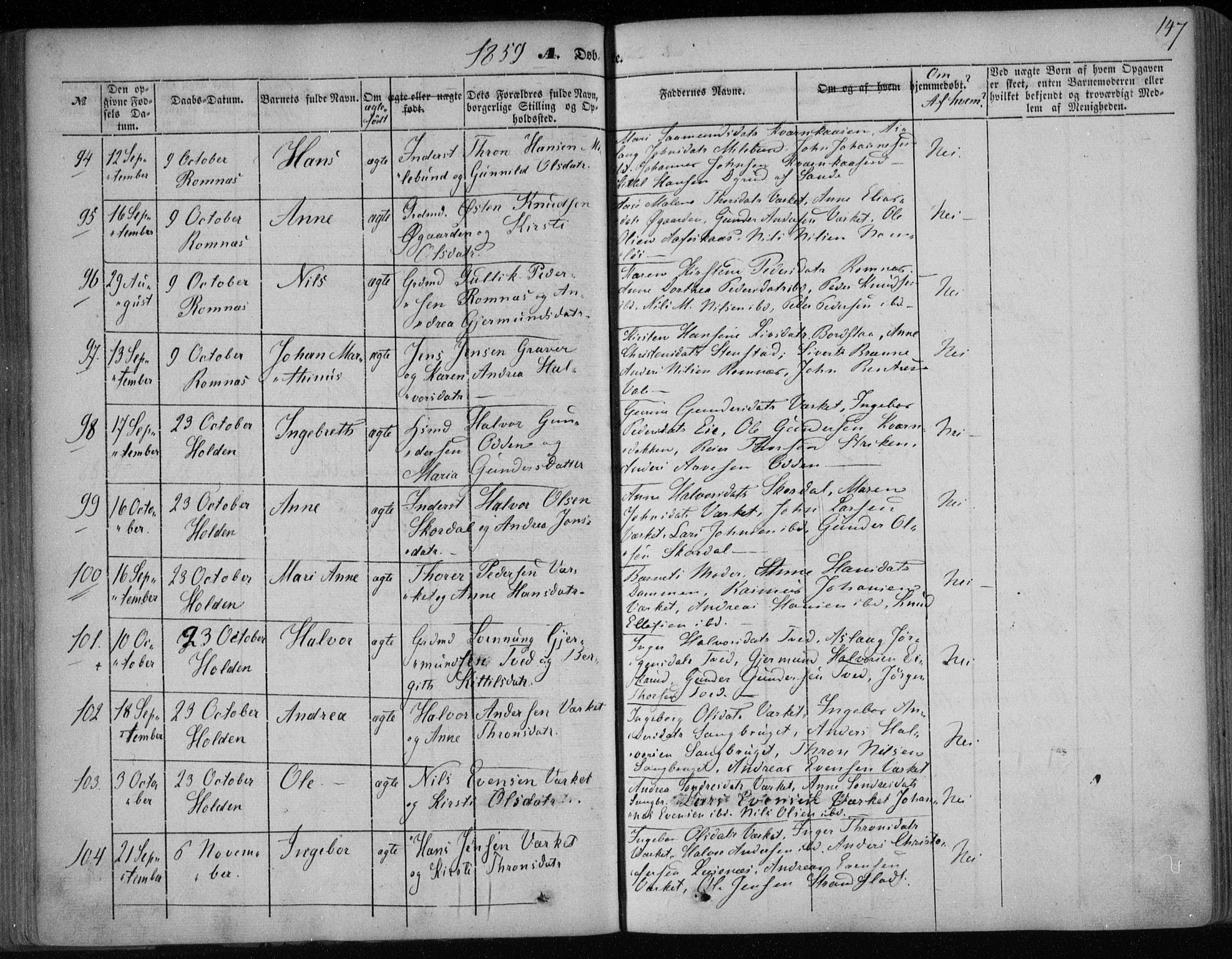 Holla kirkebøker, AV/SAKO-A-272/F/Fa/L0005: Parish register (official) no. 5, 1849-1860, p. 147