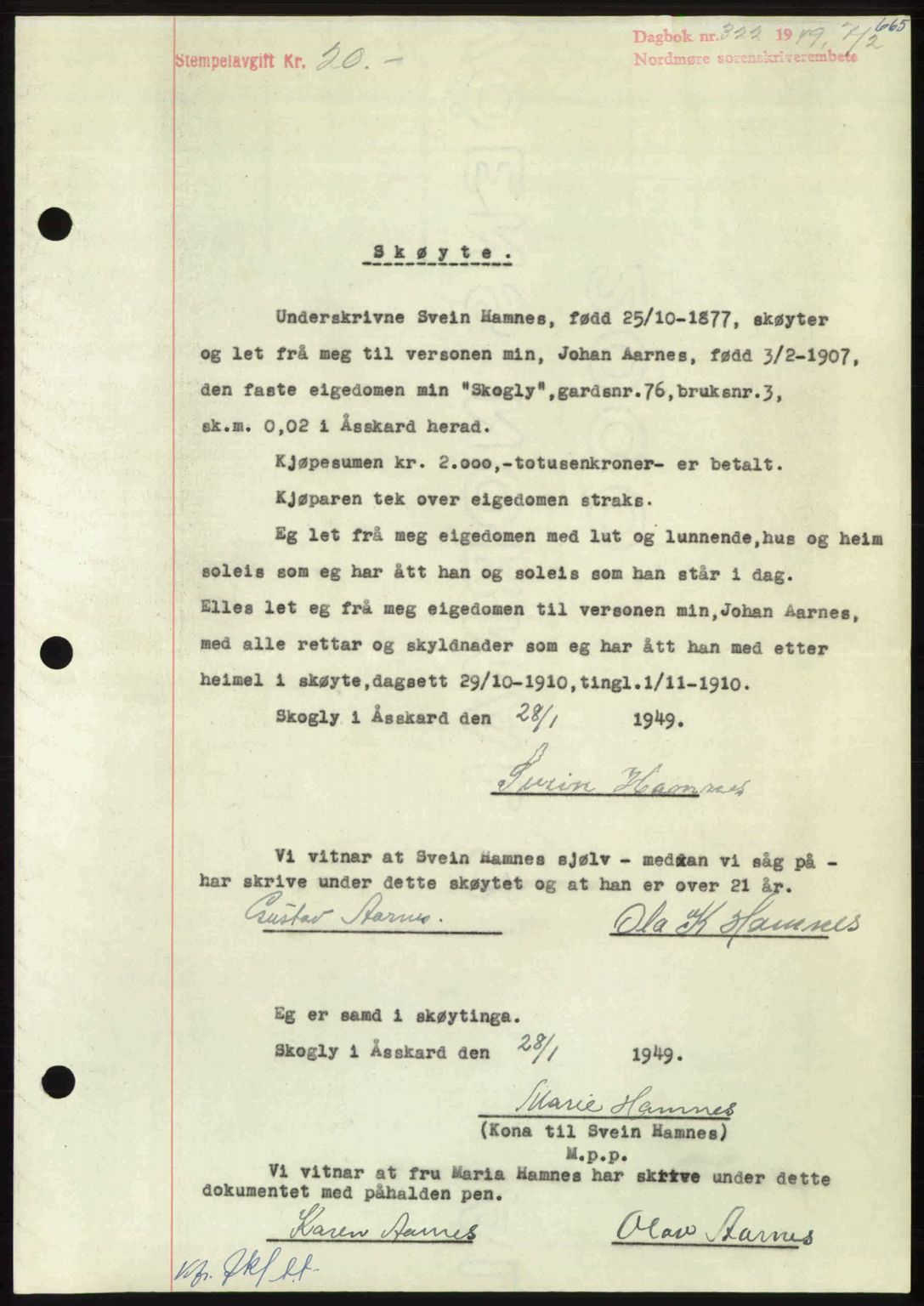 Nordmøre sorenskriveri, AV/SAT-A-4132/1/2/2Ca: Mortgage book no. A110, 1948-1949, Diary no: : 322/1949