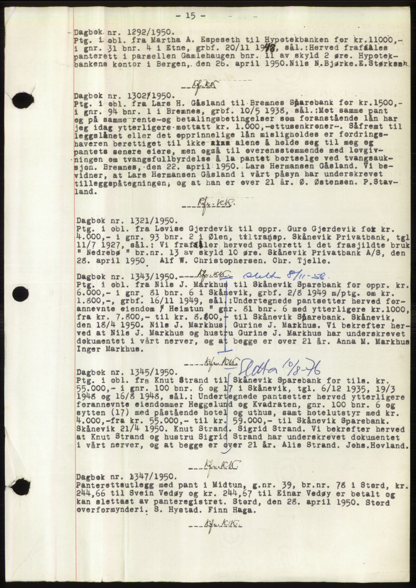 Sunnhordland sorenskrivar, AV/SAB-A-2401: Mortgage book no. B75-79, 1948-1950, Diary no: : 1292/1950