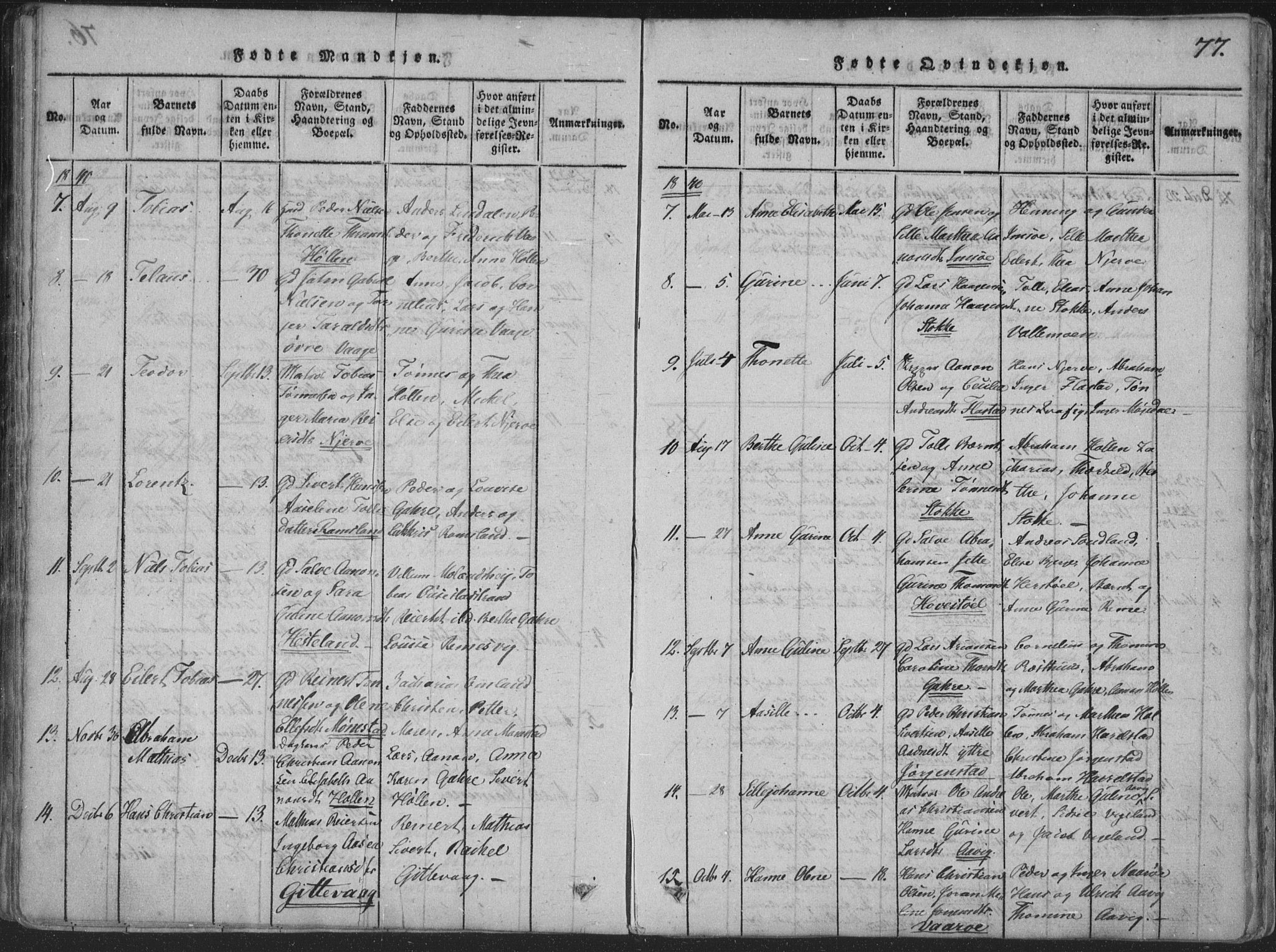 Sør-Audnedal sokneprestkontor, SAK/1111-0039/F/Fa/Faa/L0001: Parish register (official) no. A 1, 1816-1848, p. 77