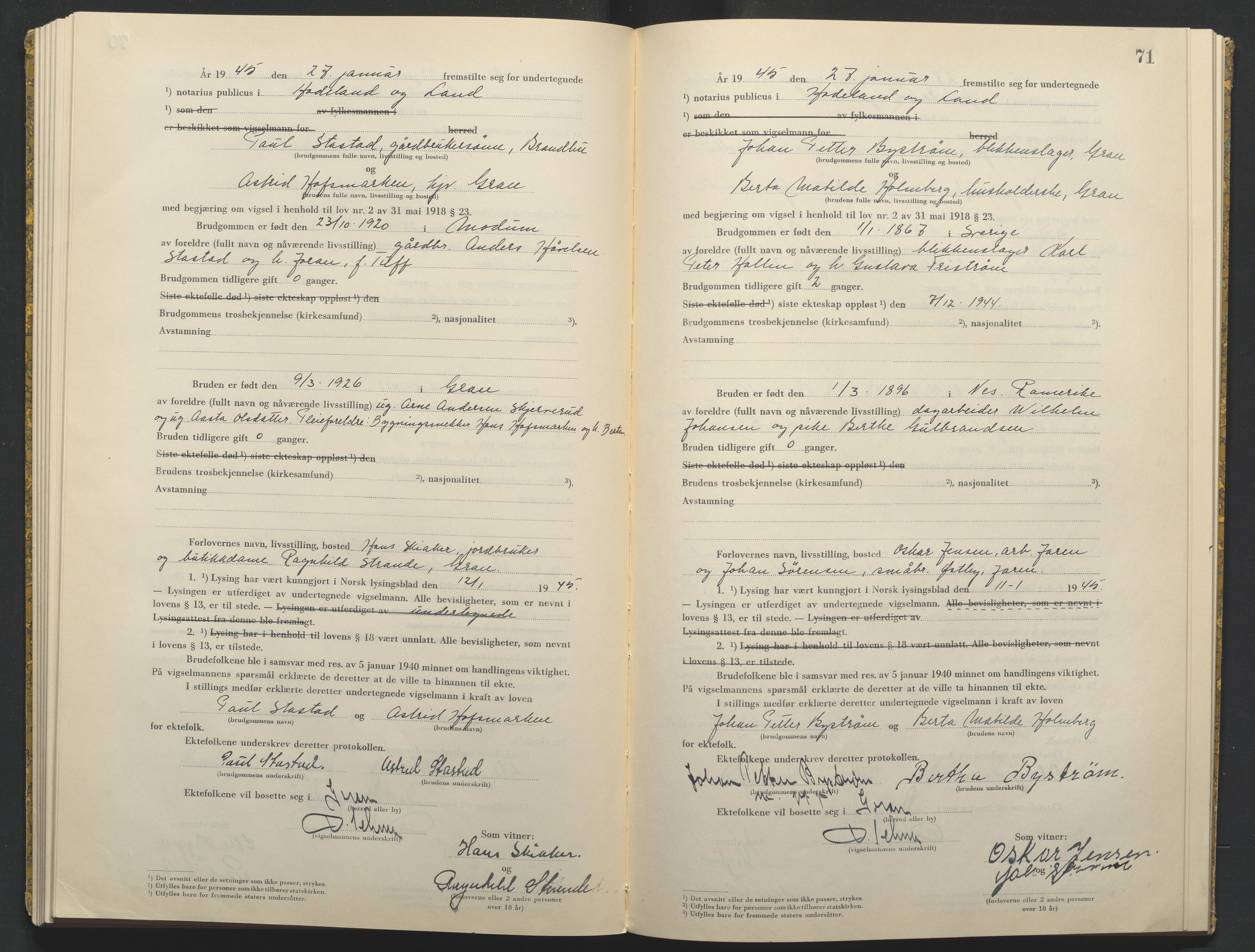 Hadeland og Land tingrett, AV/SAH-TING-010/L/Lb/L0003: Vigselbok, 1944-1946, p. 71