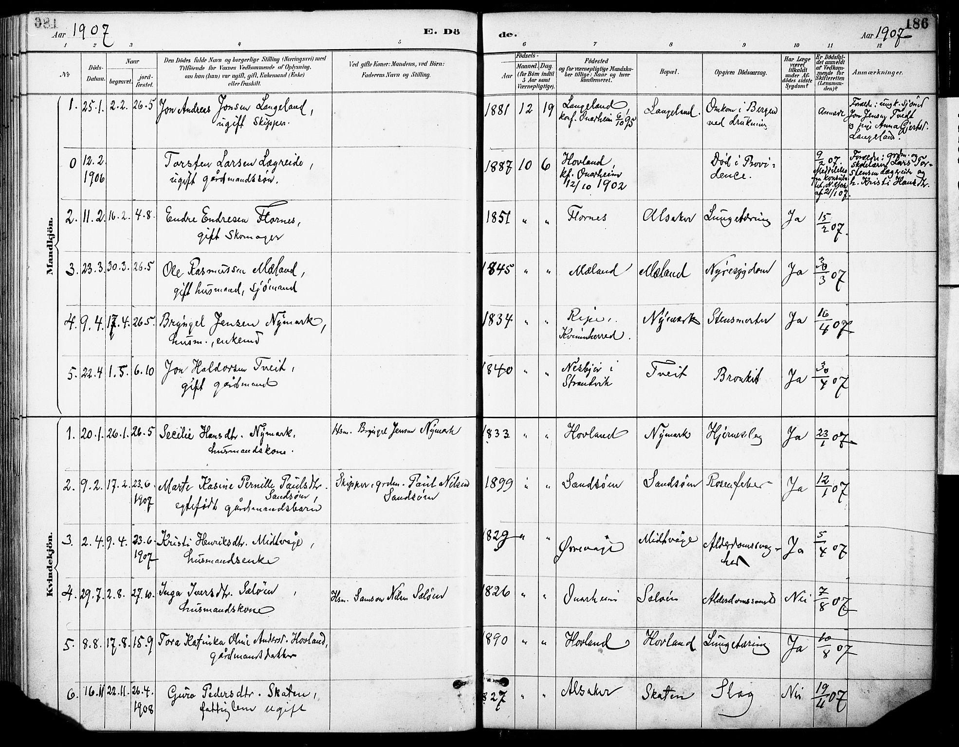 Tysnes sokneprestembete, SAB/A-78601/H/Haa: Parish register (official) no. C 1, 1887-1912, p. 186