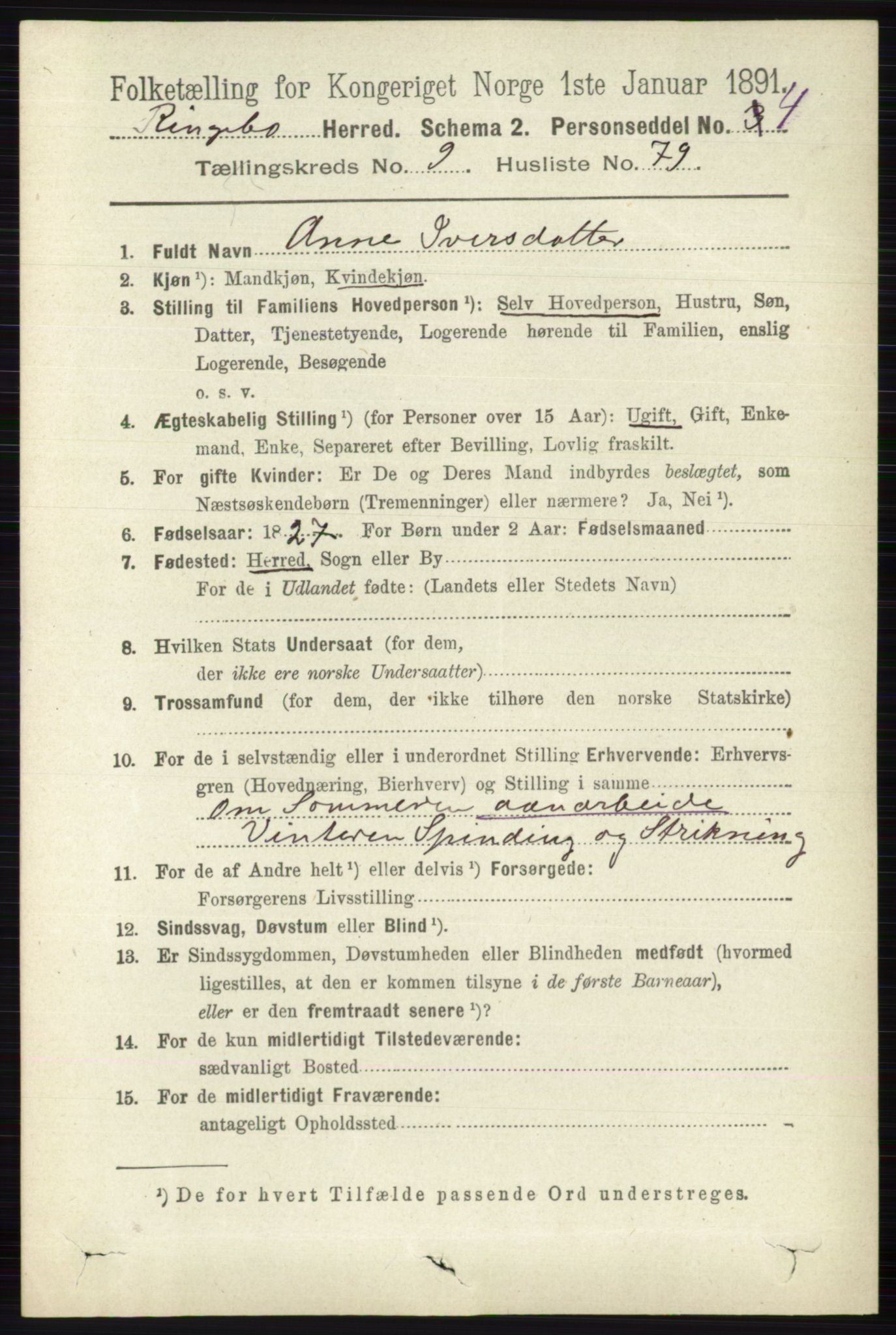 RA, 1891 census for 0520 Ringebu, 1891, p. 4729