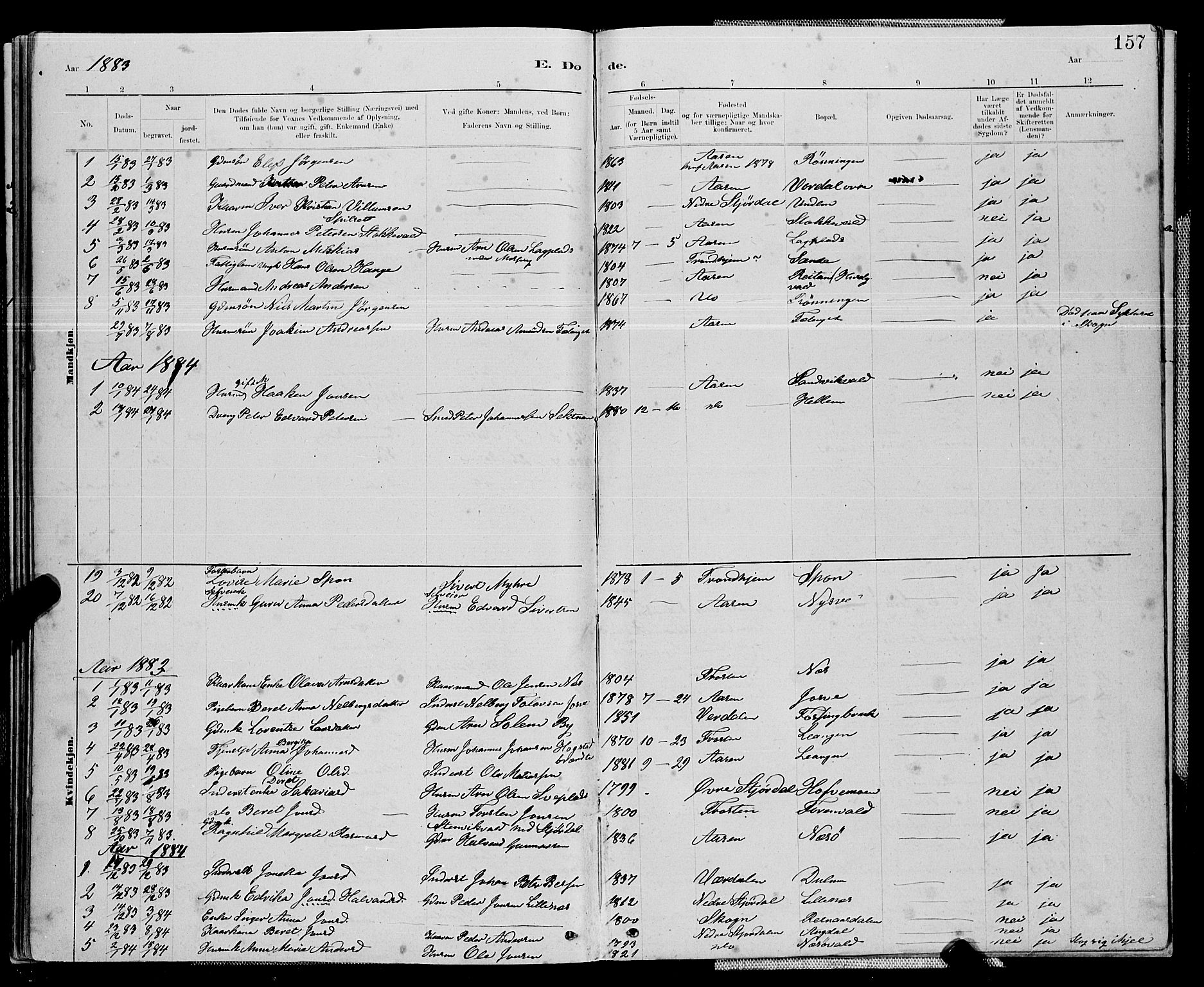 Ministerialprotokoller, klokkerbøker og fødselsregistre - Nord-Trøndelag, SAT/A-1458/714/L0134: Parish register (copy) no. 714C03, 1878-1898, p. 157