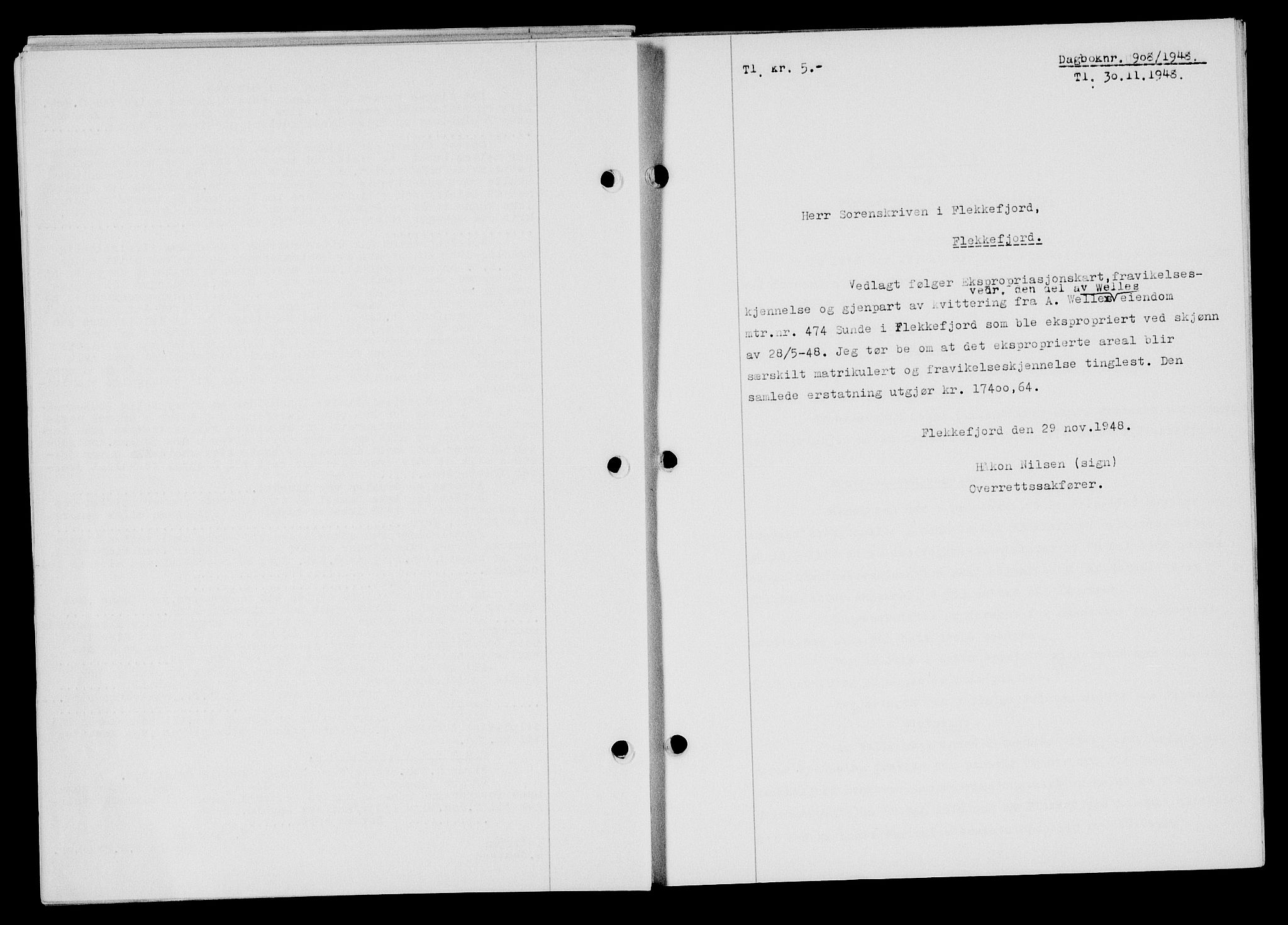 Flekkefjord sorenskriveri, SAK/1221-0001/G/Gb/Gba/L0064: Mortgage book no. A-12, 1948-1949, Diary no: : 908/1948