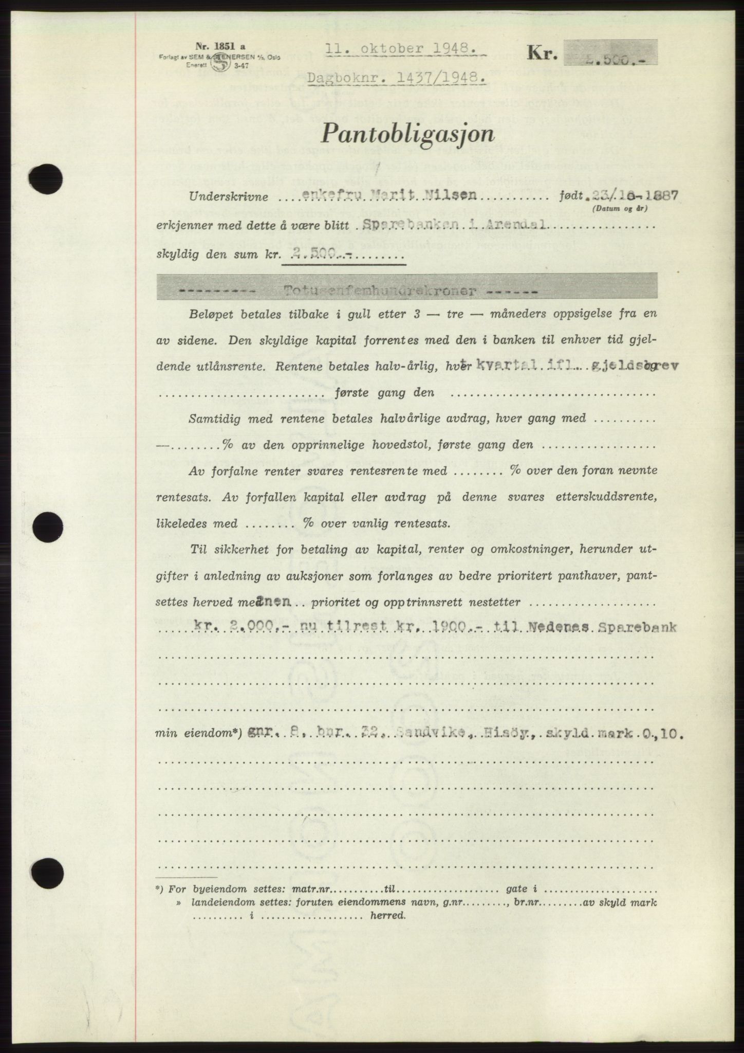 Nedenes sorenskriveri, AV/SAK-1221-0006/G/Gb/Gbb/L0005: Mortgage book no. B5, 1948-1948, Diary no: : 1437/1948