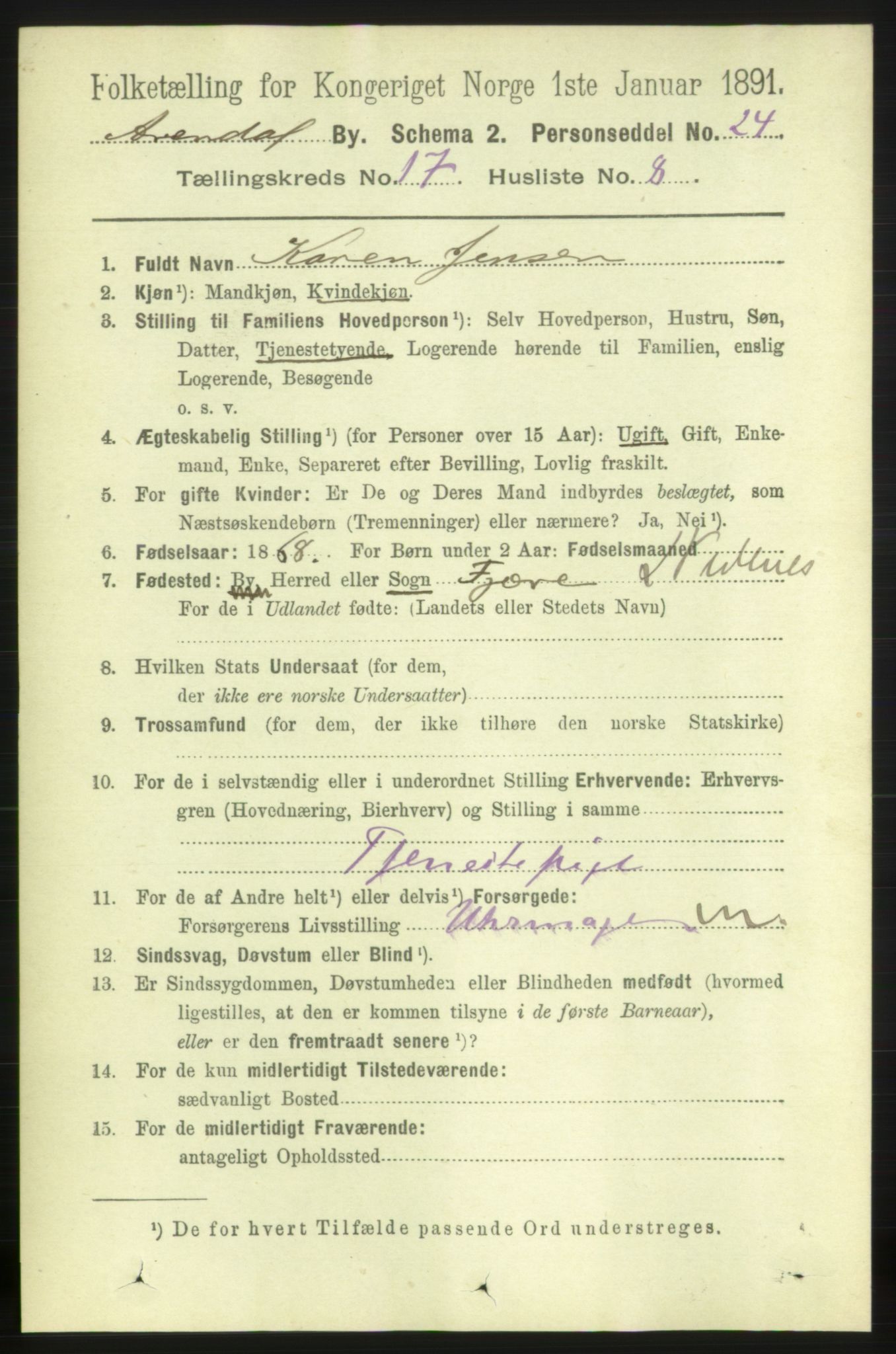 RA, 1891 census for 0903 Arendal, 1891, p. 5712