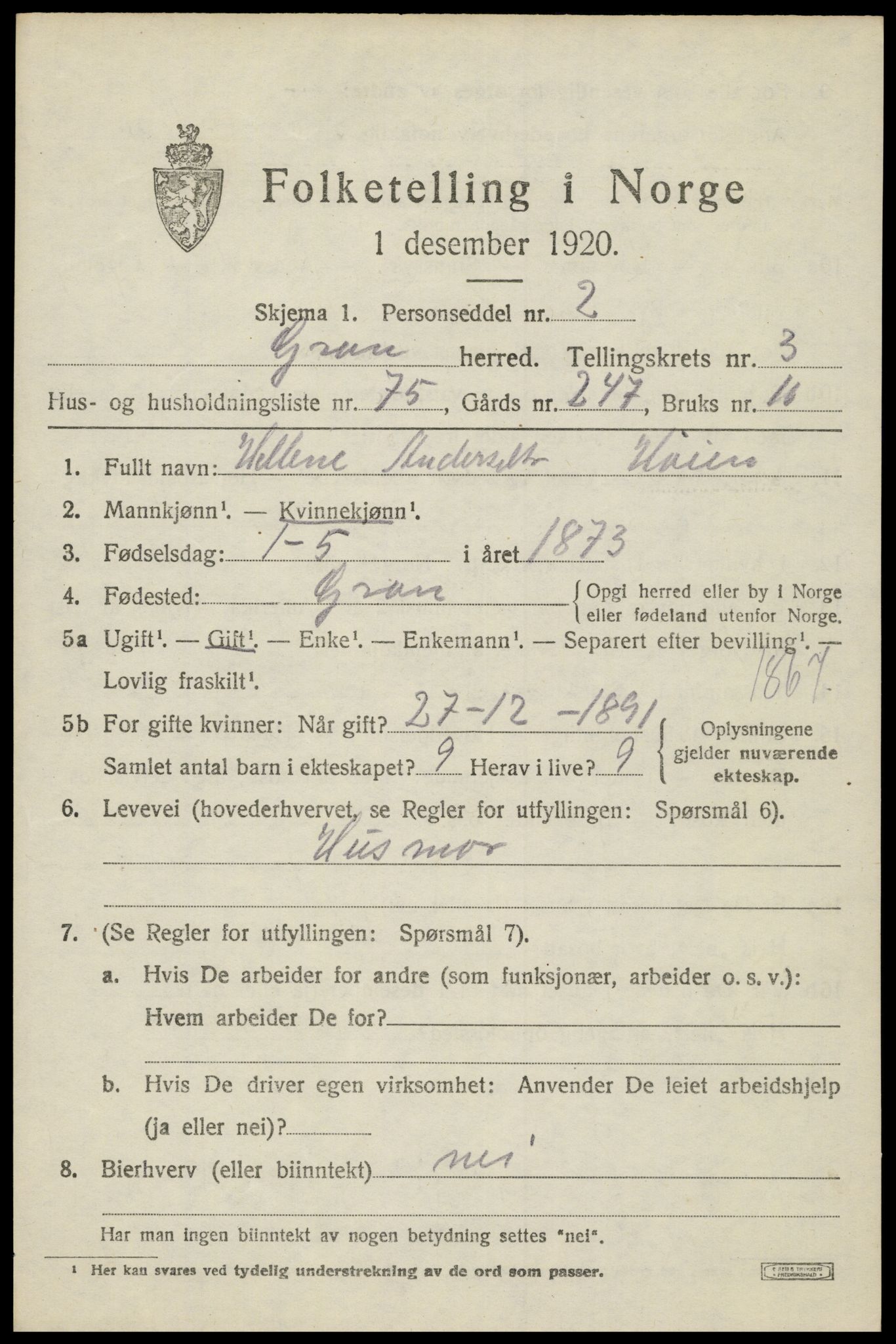 SAH, 1920 census for Gran, 1920, p. 6104