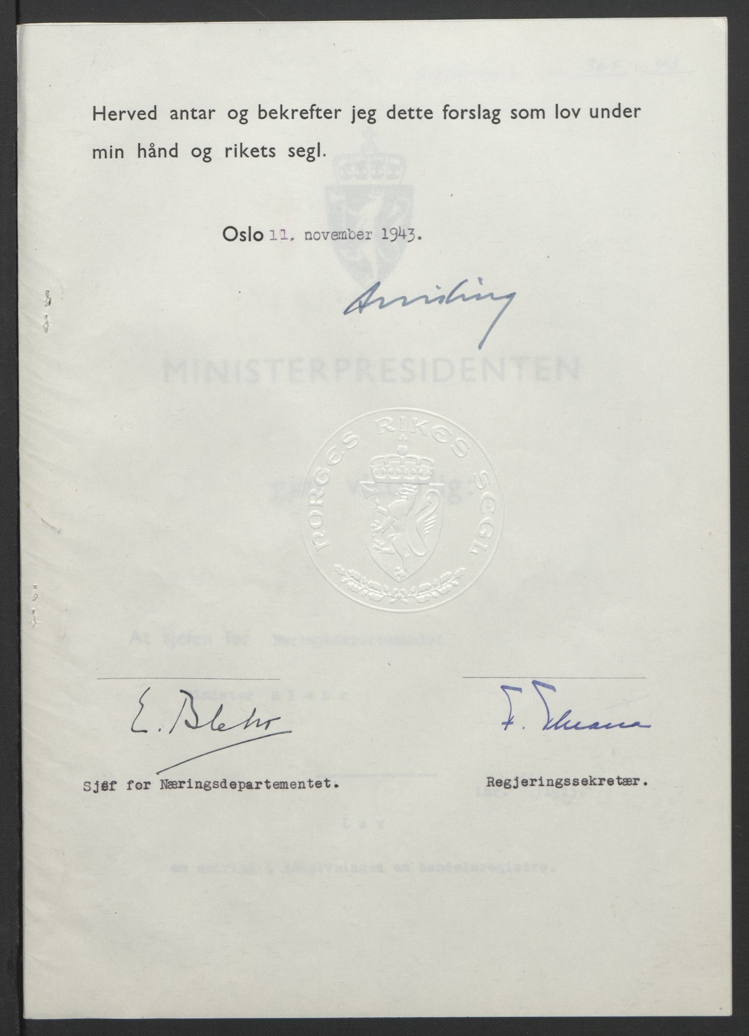 NS-administrasjonen 1940-1945 (Statsrådsekretariatet, de kommisariske statsråder mm), AV/RA-S-4279/D/Db/L0099: Lover, 1943, p. 716