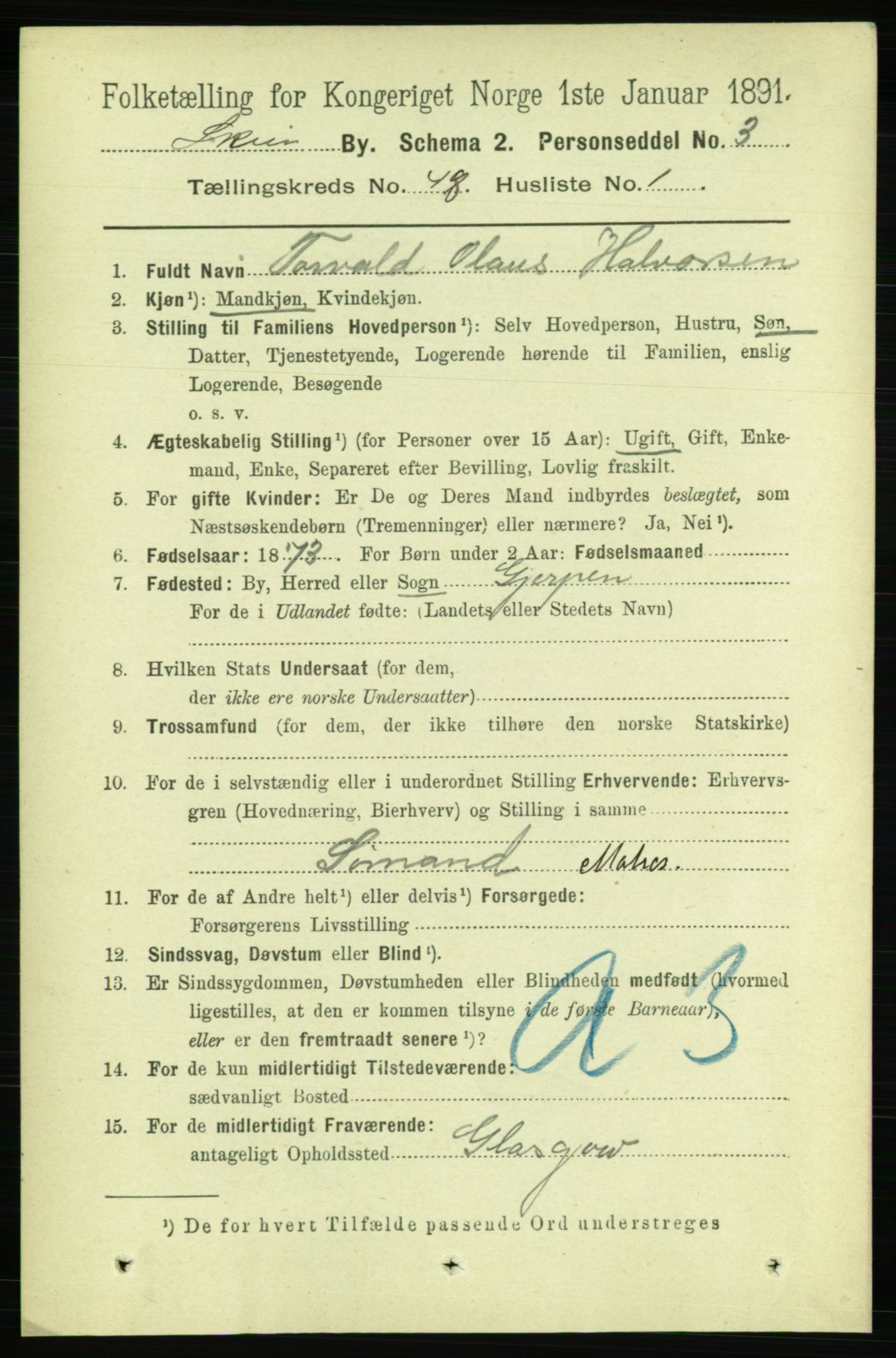 RA, 1891 census for 0806 Skien, 1891, p. 9826